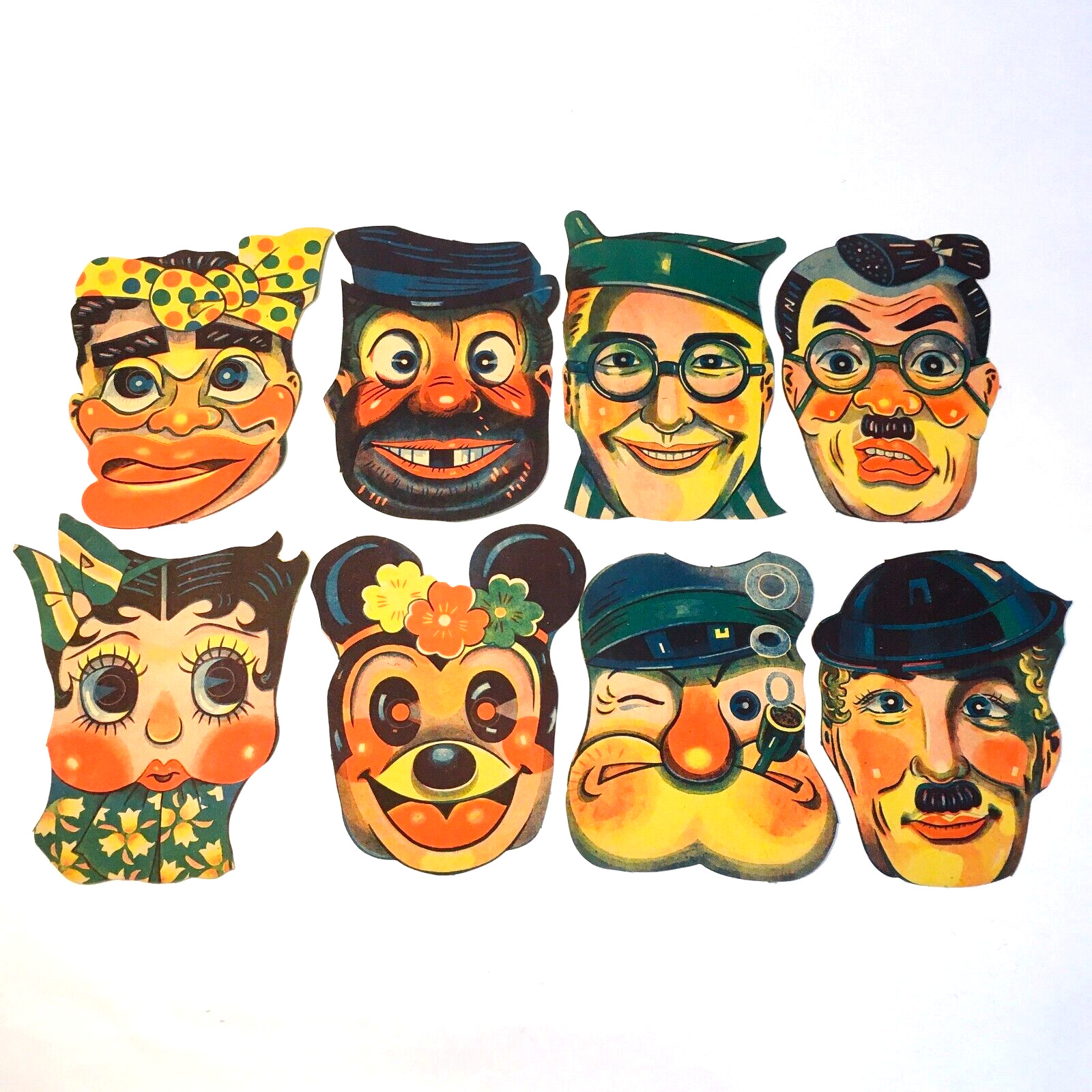 1940s Set of 8 Non-Sport Diecut Menko Masks--Chaplin, Popeye, Betty Boop, etc