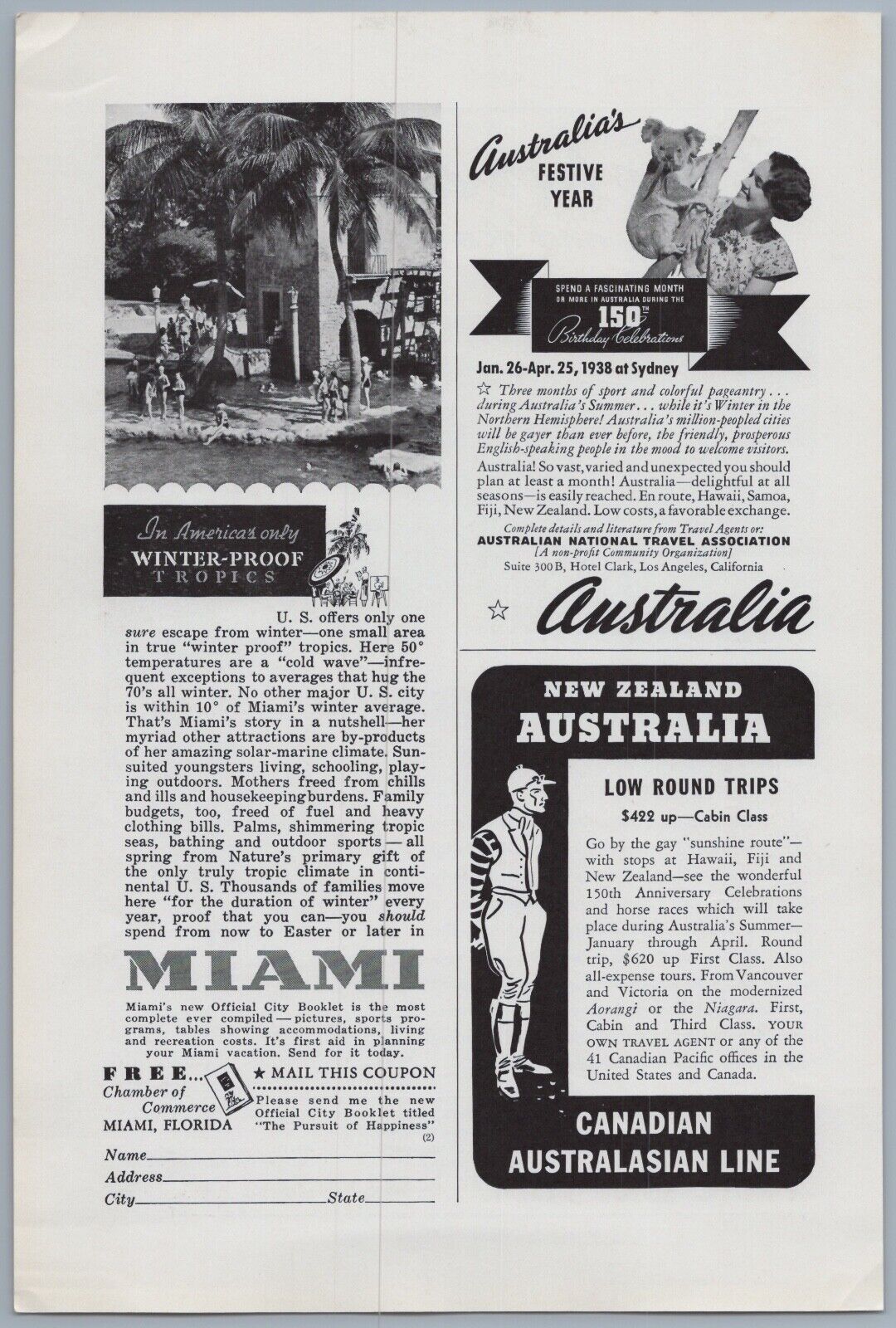 1937 Miami Florida Vintage Travel Ad Winter Proof Tropics Vacation Tourism