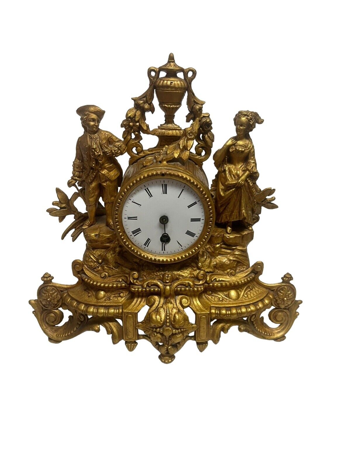 Antique 1890s French Gilt Figural Ormolu Mantle Clock Couple Lovers Victorian