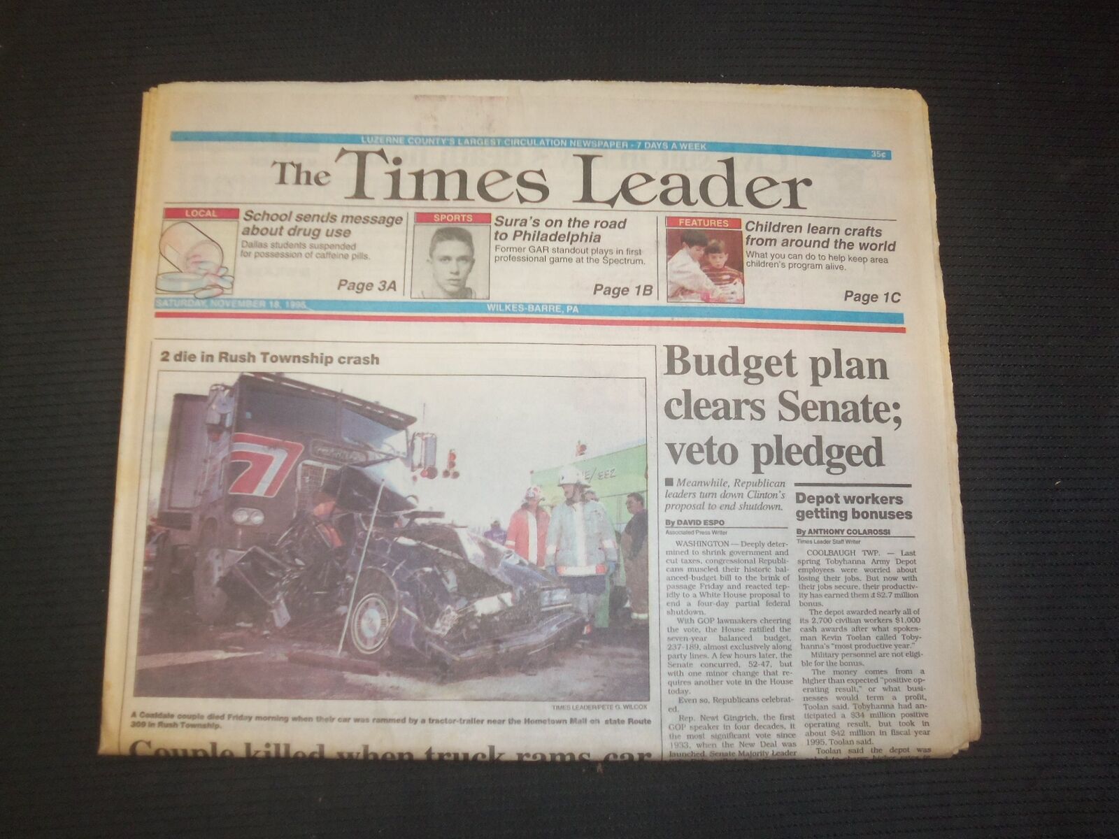 1995 NOV 18 WILKES-BARRE TIMES LEADER - BUDGET PLAN CLEARS SENATE, VETO- NP 7572