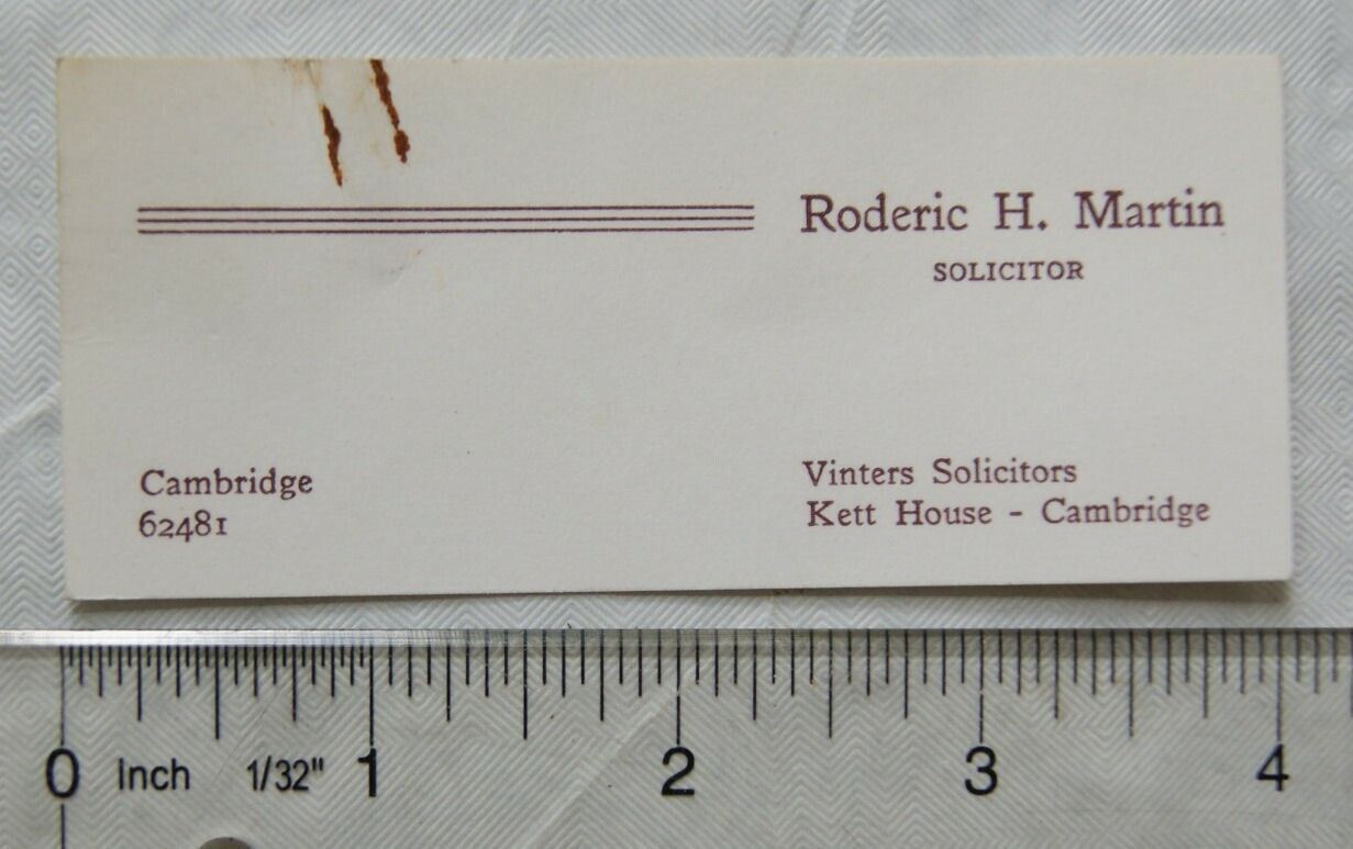Vintage visiting card - Roderic H. Martin, solicitor, Vinters, Cambridge