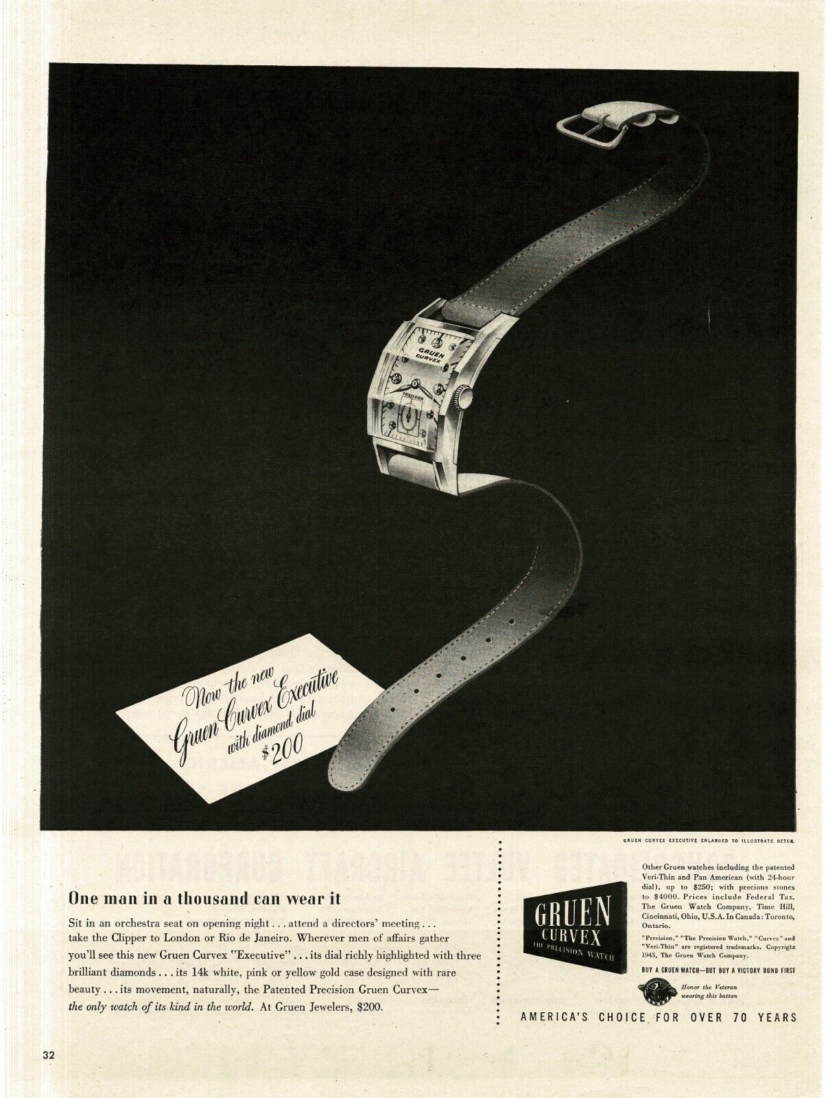 1945 Gruen Curvex Executive Men\'s Wrist Watch Vintage Print Ad