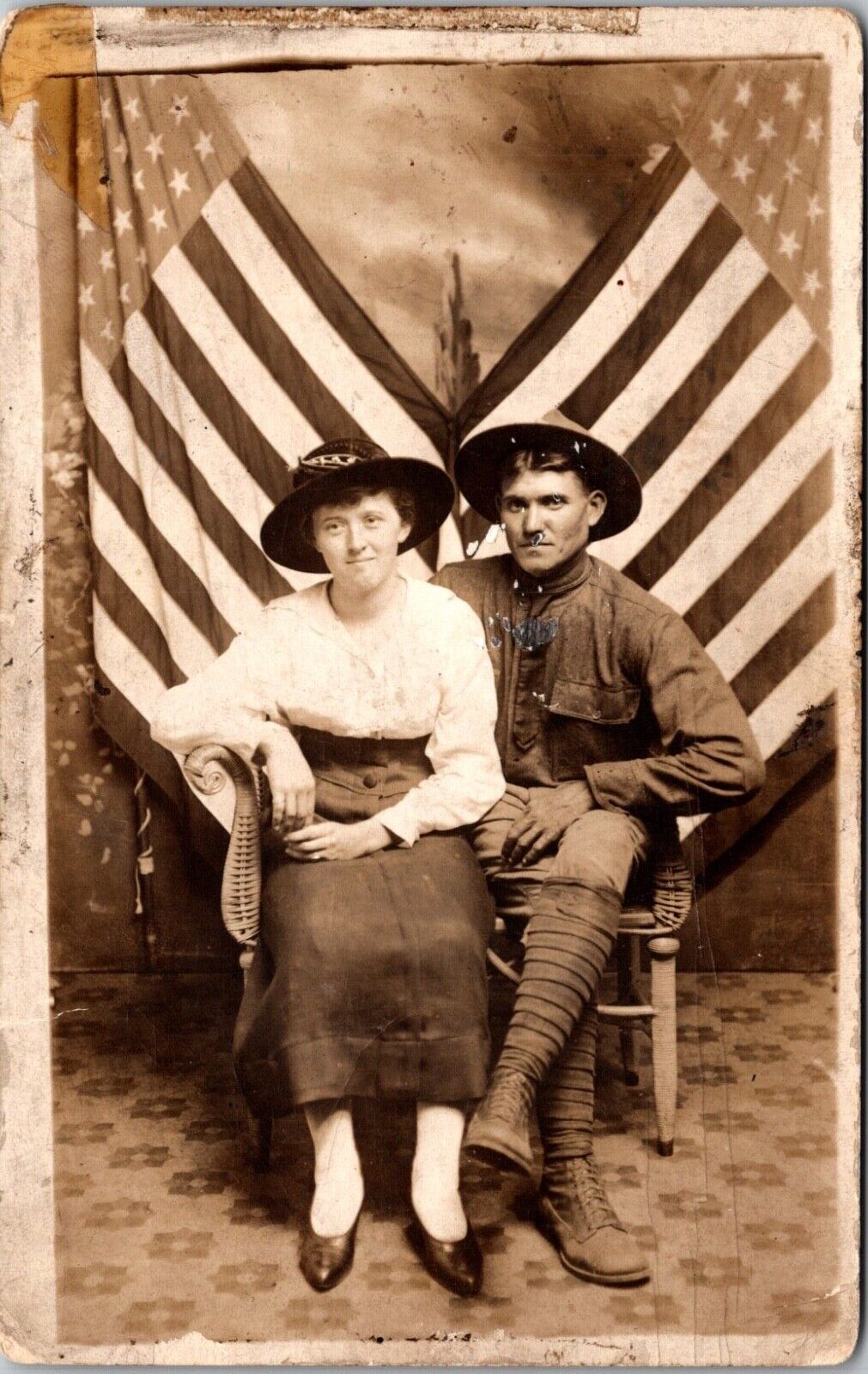 RPPC REAL PHOTO POSTCARD WWI Soldier Portrait Wife American Flags 1910s JB16