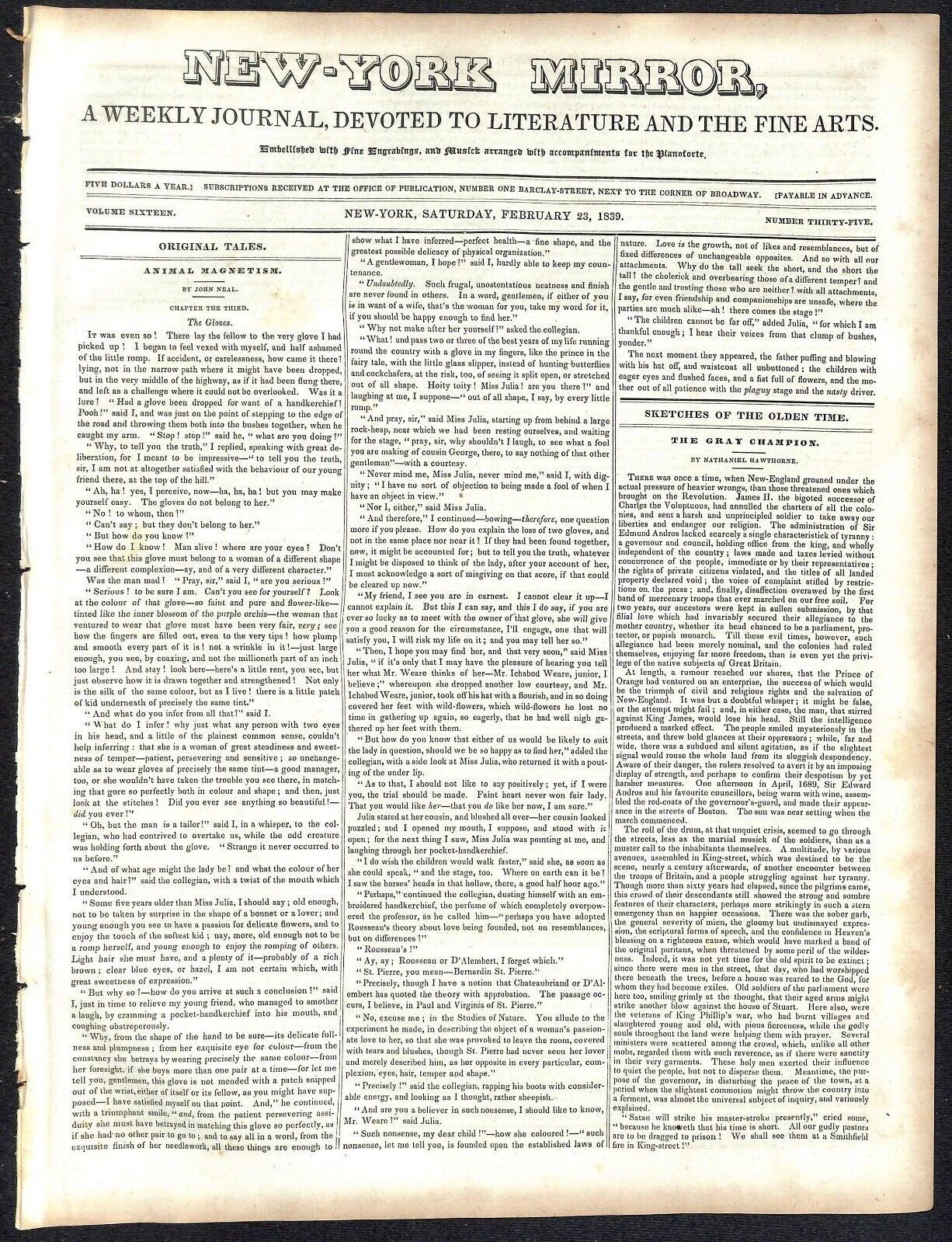 New-York Mirror Weekly Journal Literature Fine Arts Newspaper 2/23/1839