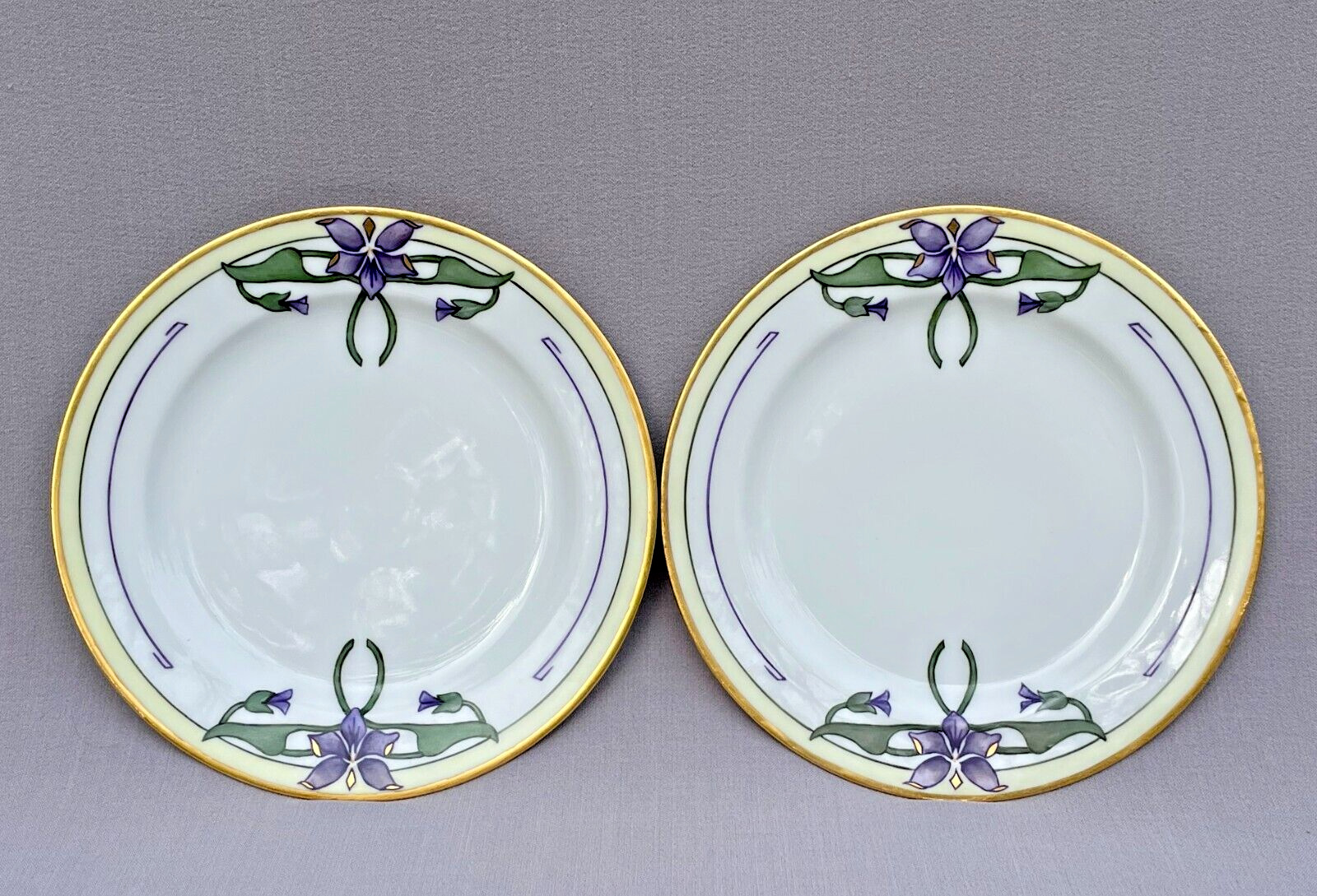 Pair Matching Antique Arts & Crafts Limoges Porcelain Plates - Hand Painted