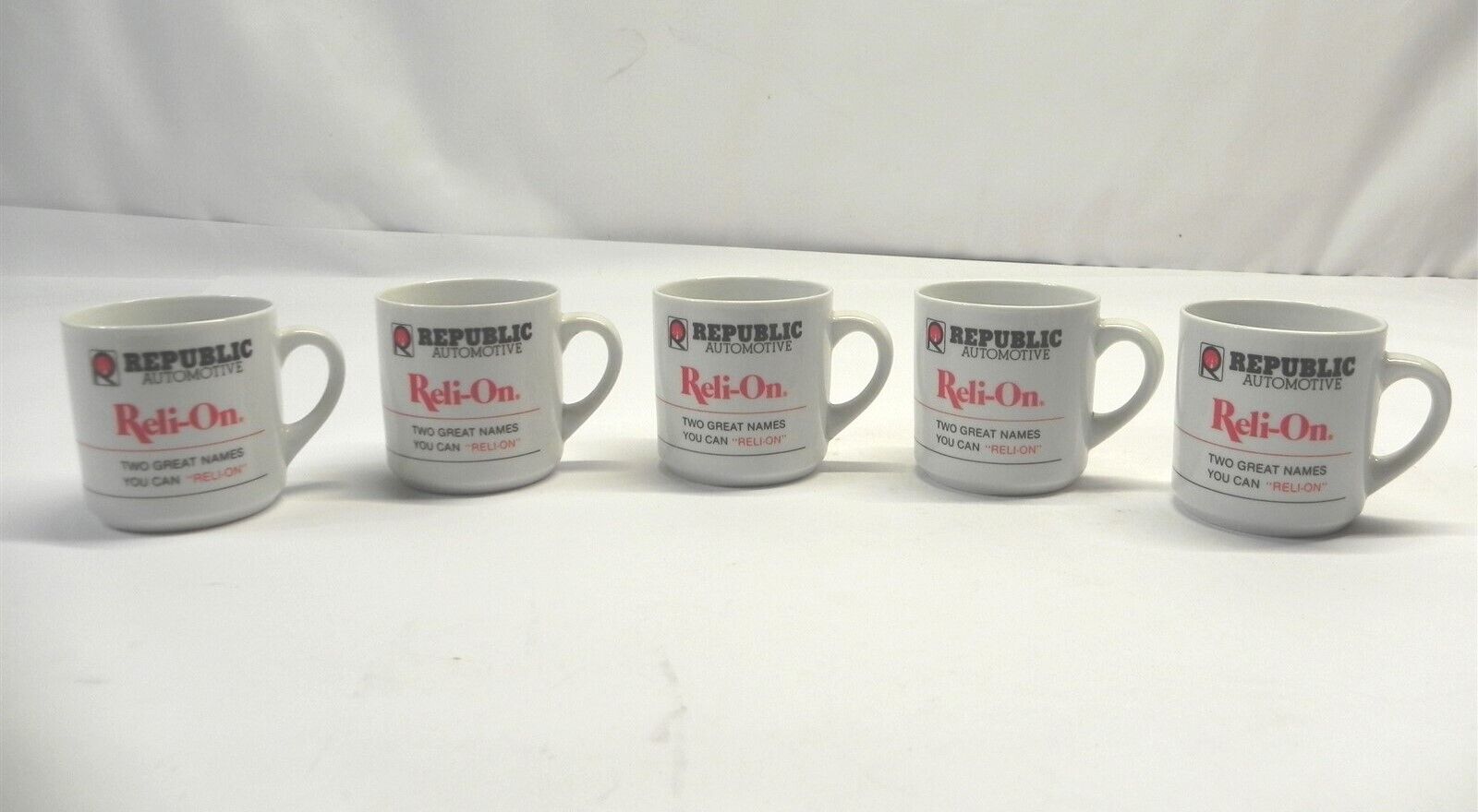 VINTAGE SET OF 5 REPUBLIC AUTOMOTIVE RELI-ON COFFEE MUG CUPS PRE-OWNED USED 