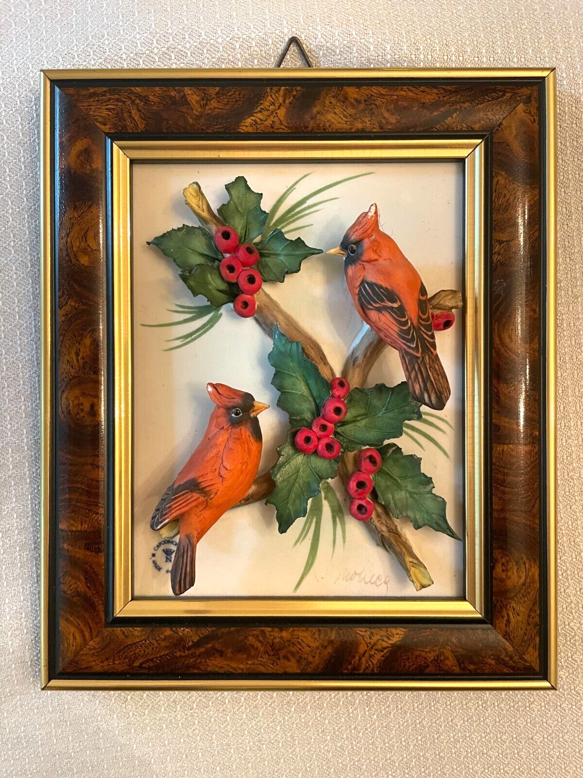 Vintage Framed CAPODIMONTE CARDINALS & HOLLY WALL PLAQUE ~ Signed ~Made in Italy