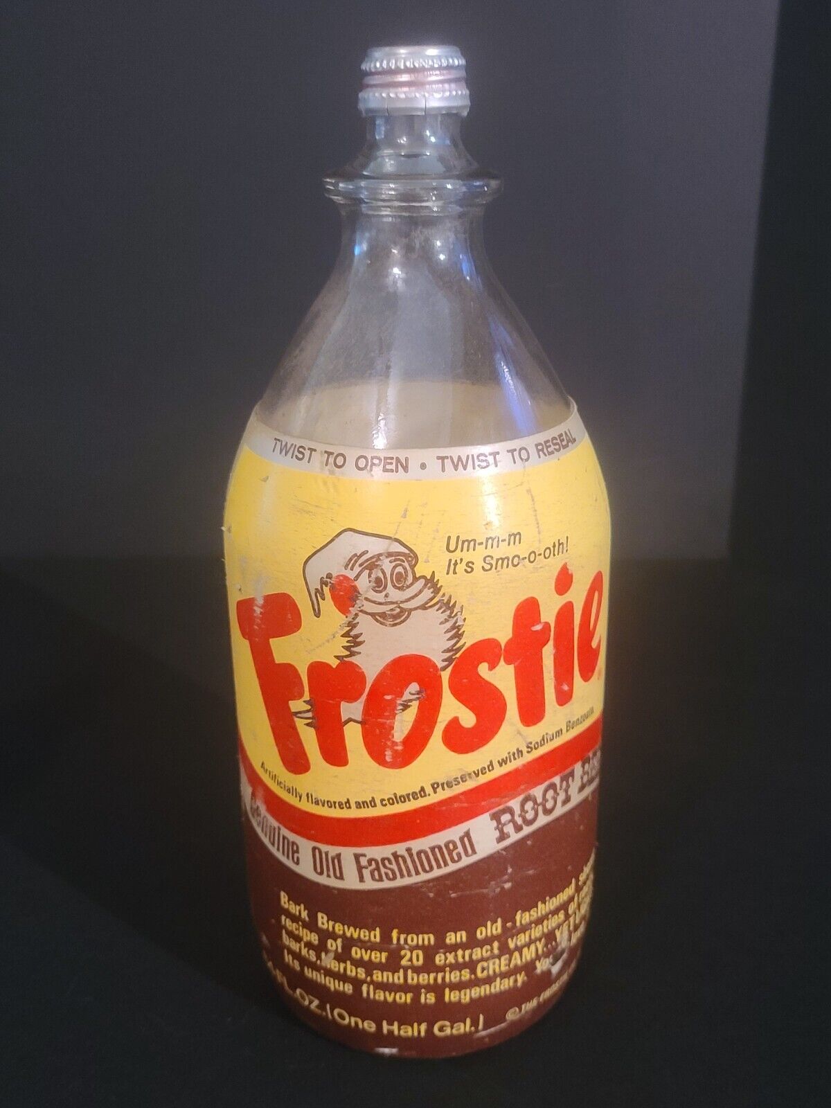 RARE 1970's Frostie 64 oz Half Gallon Glasss Bottle with Styrofoam Label