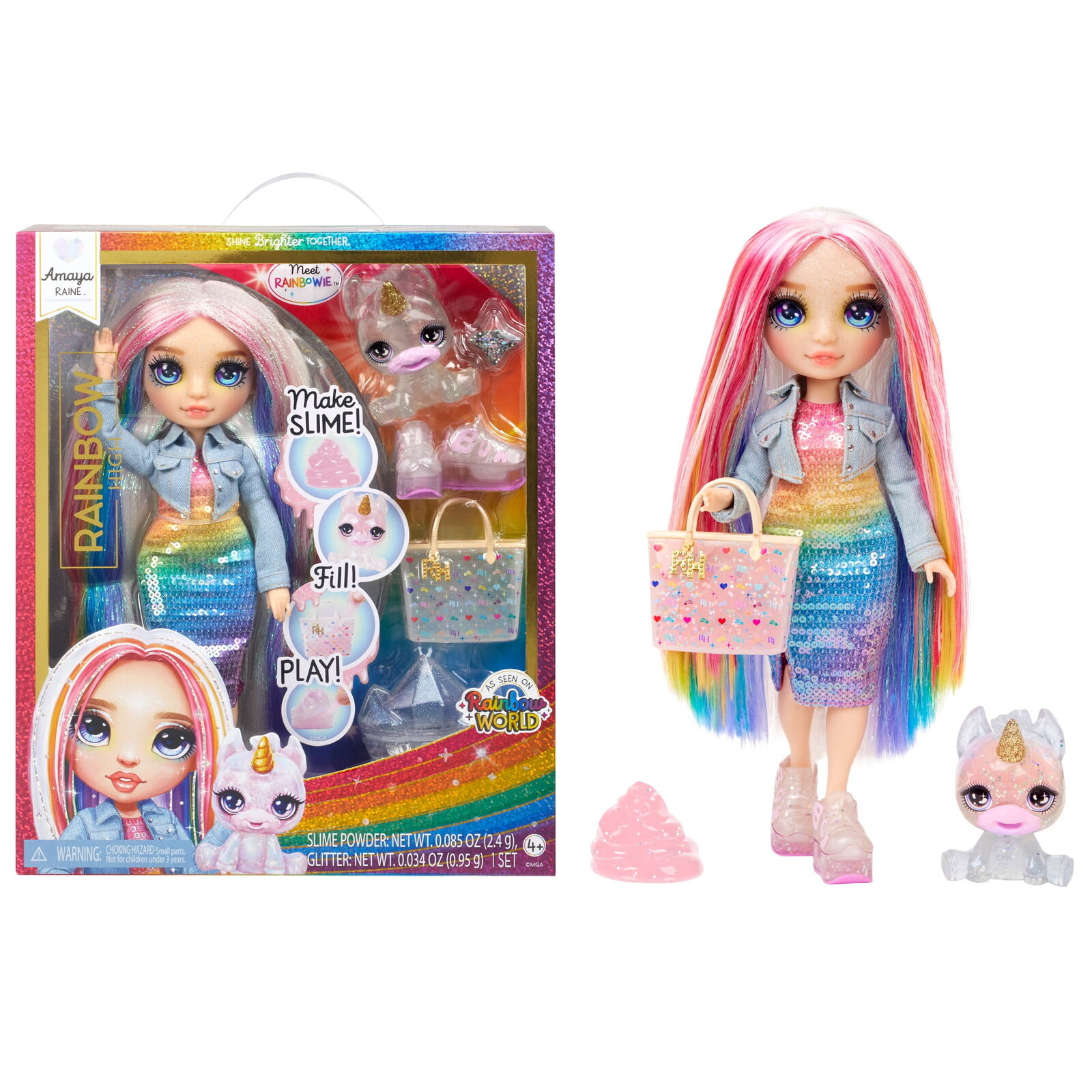 Rainbow High Amaya, Rainbow with Yeti Pet, 11” Doll, DIY Sparkle Slime Kit
