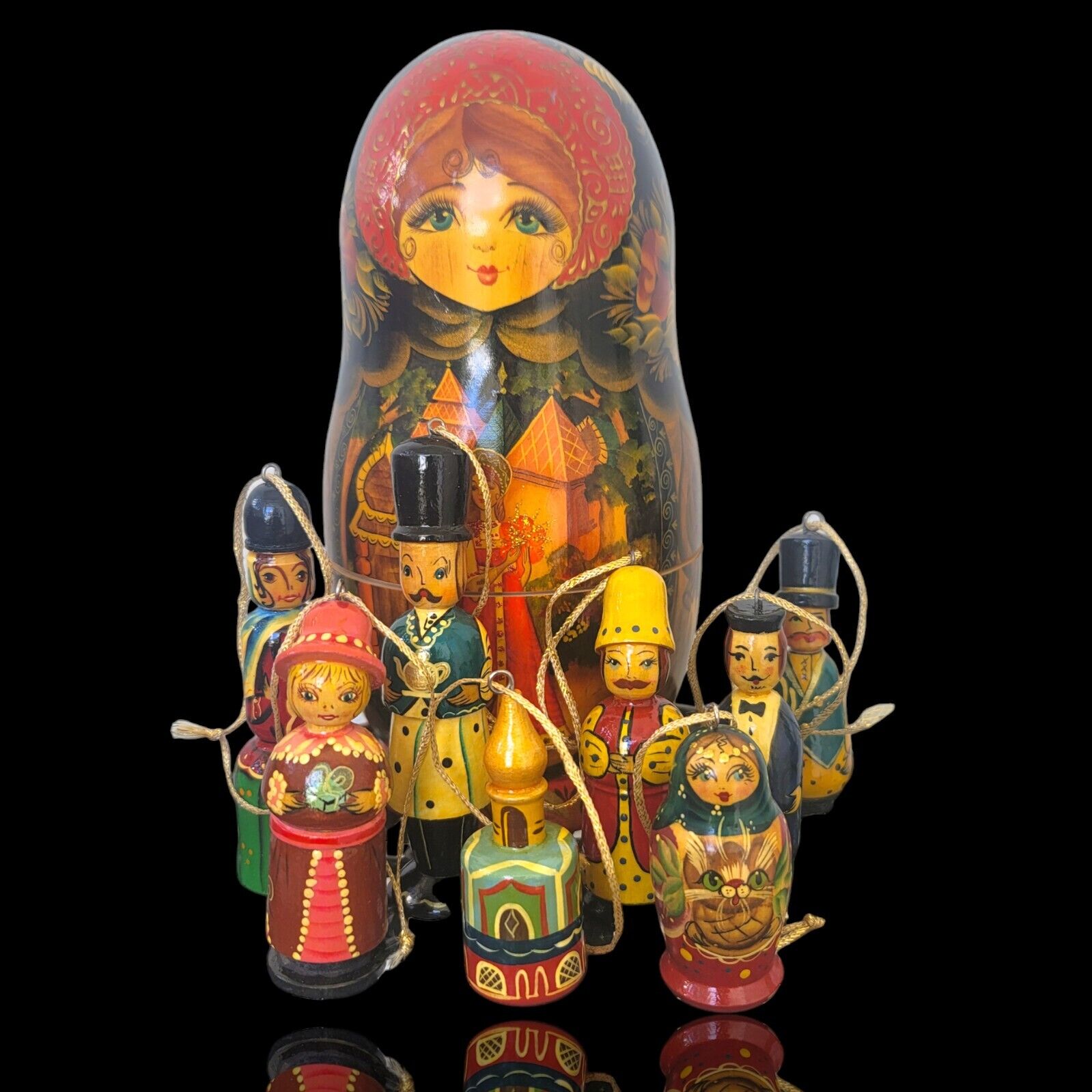 Vintage Large Russian Babushka Matryoshka Doll with 8 Christmas Ornaments