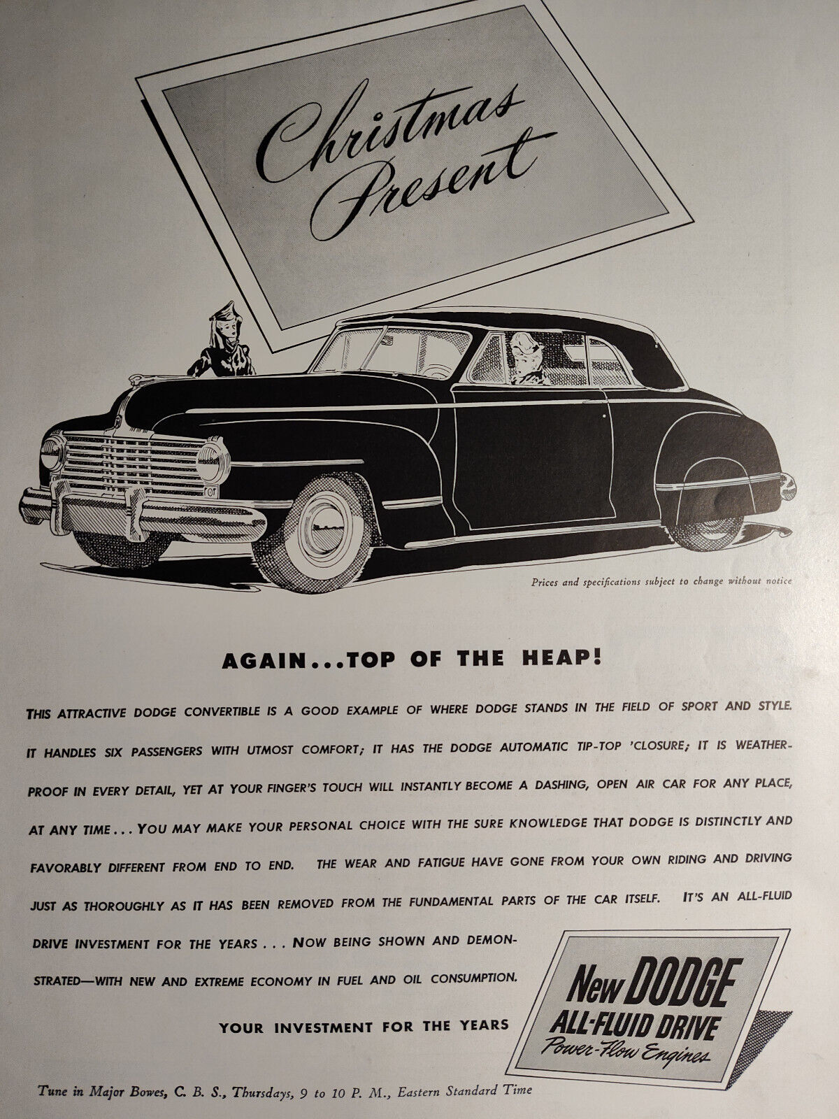 RARE Esquire Advertisement AD 1941 New DODGE COVERTIBLE, with All Fluid Drive
