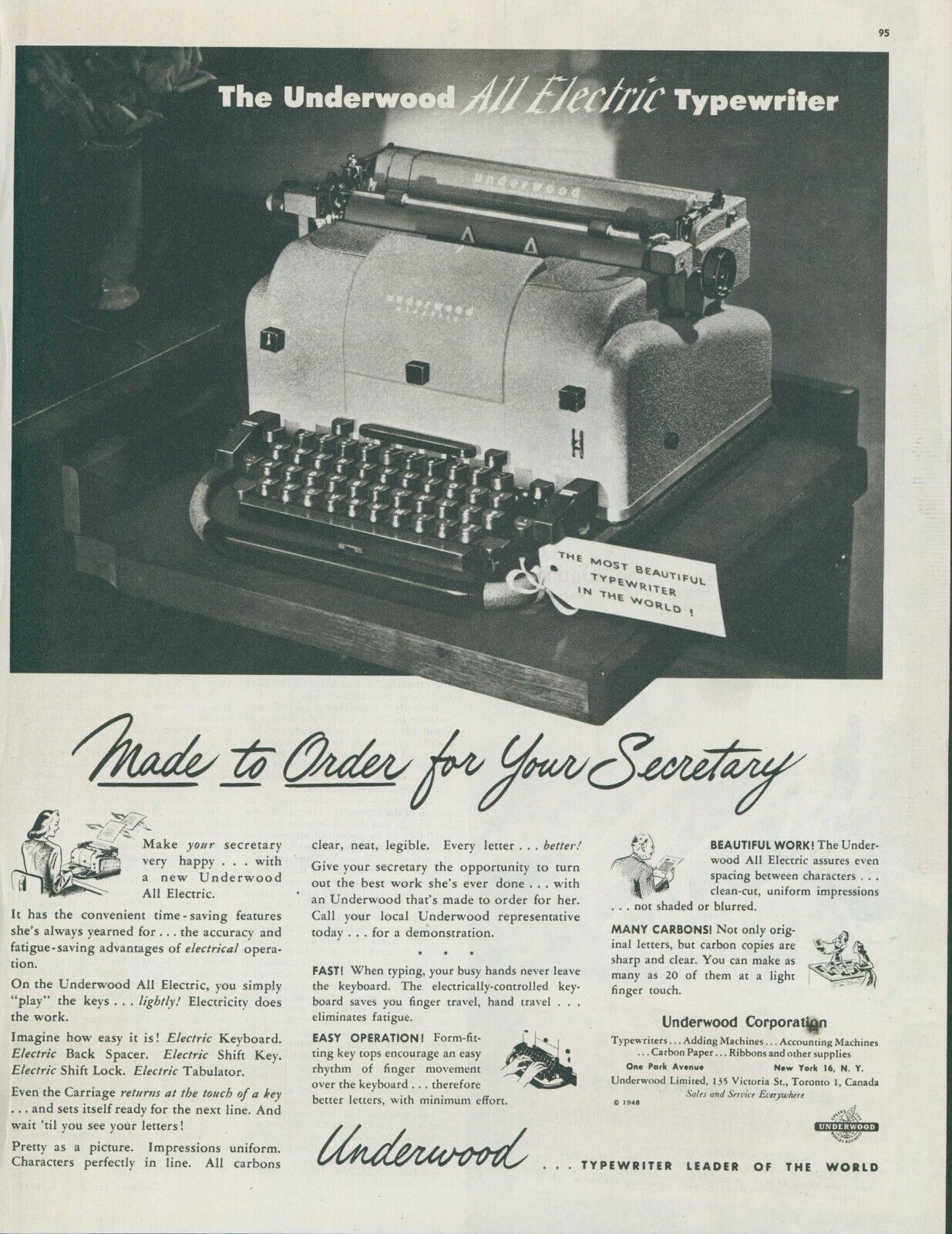 1948 Underwood Electric Typewriter Most Beautiful Leader Table Vtg Print Ad C4