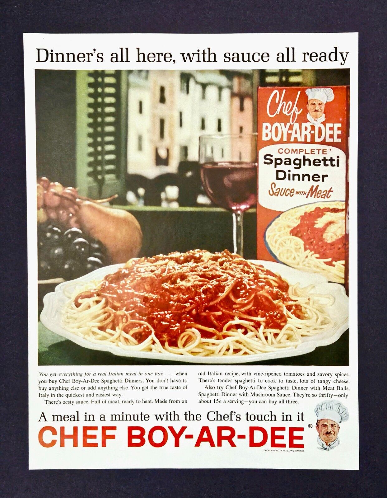 Chef Boy Ar Dee ad original vintage 1962 spaghetti dinner box advertisement