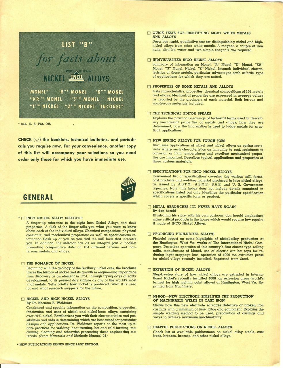 Vintage 1948 INTERNATIONAL NICKEL Company (New York) INCO Publications List B