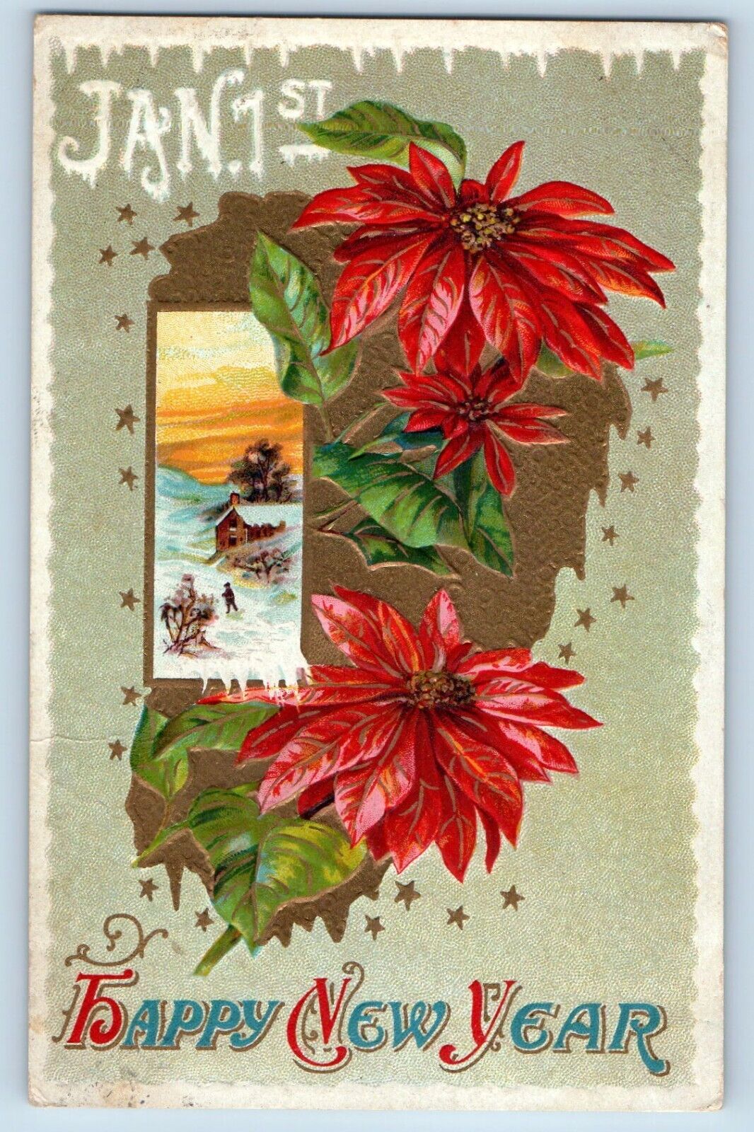 Fairfield Iowa IA Postcard New Year Poinsettia Flowers Winter Scene Embossed