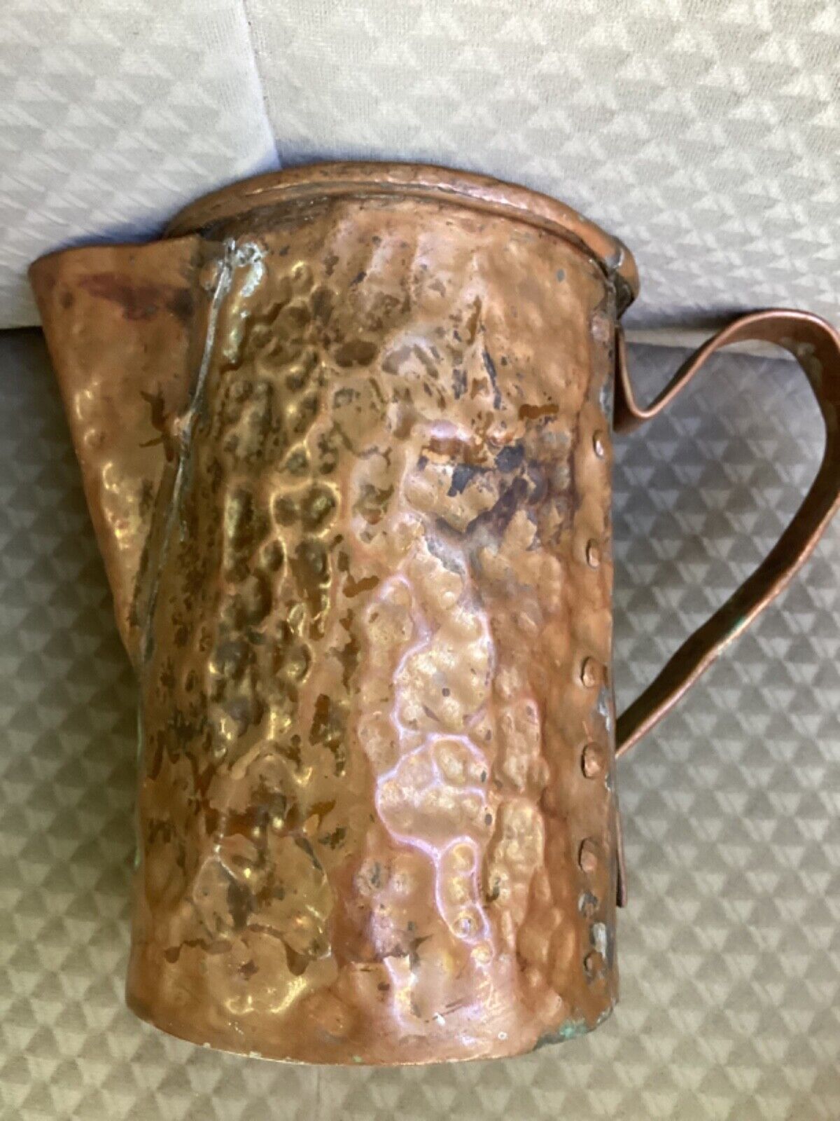 antique hand hammered copper water pitch