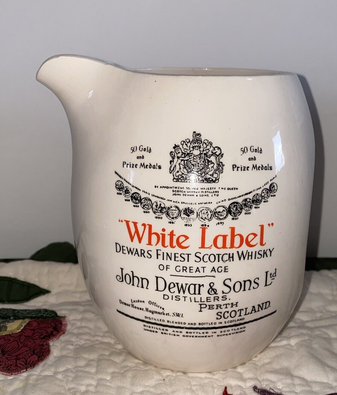 Vintage Dewars Fine Scotch Whisky Pitcher, White Label, John Dewar & Sons Ltd