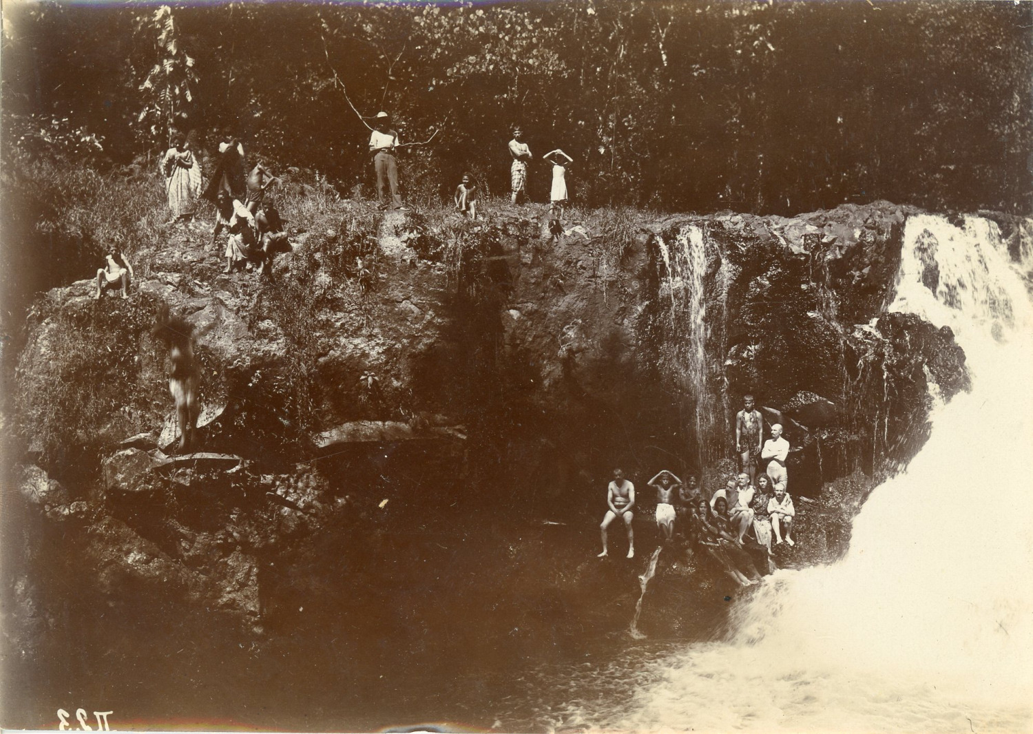Samoa, Samoa Natives and German soldiers at the river Vintage silver print.  