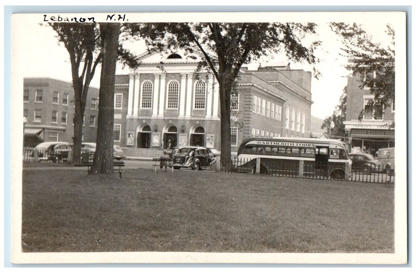 c1940\'s Theater Pharmacy Dartmouth Tour Bus Lebanon NH RPPC Photo Postcard