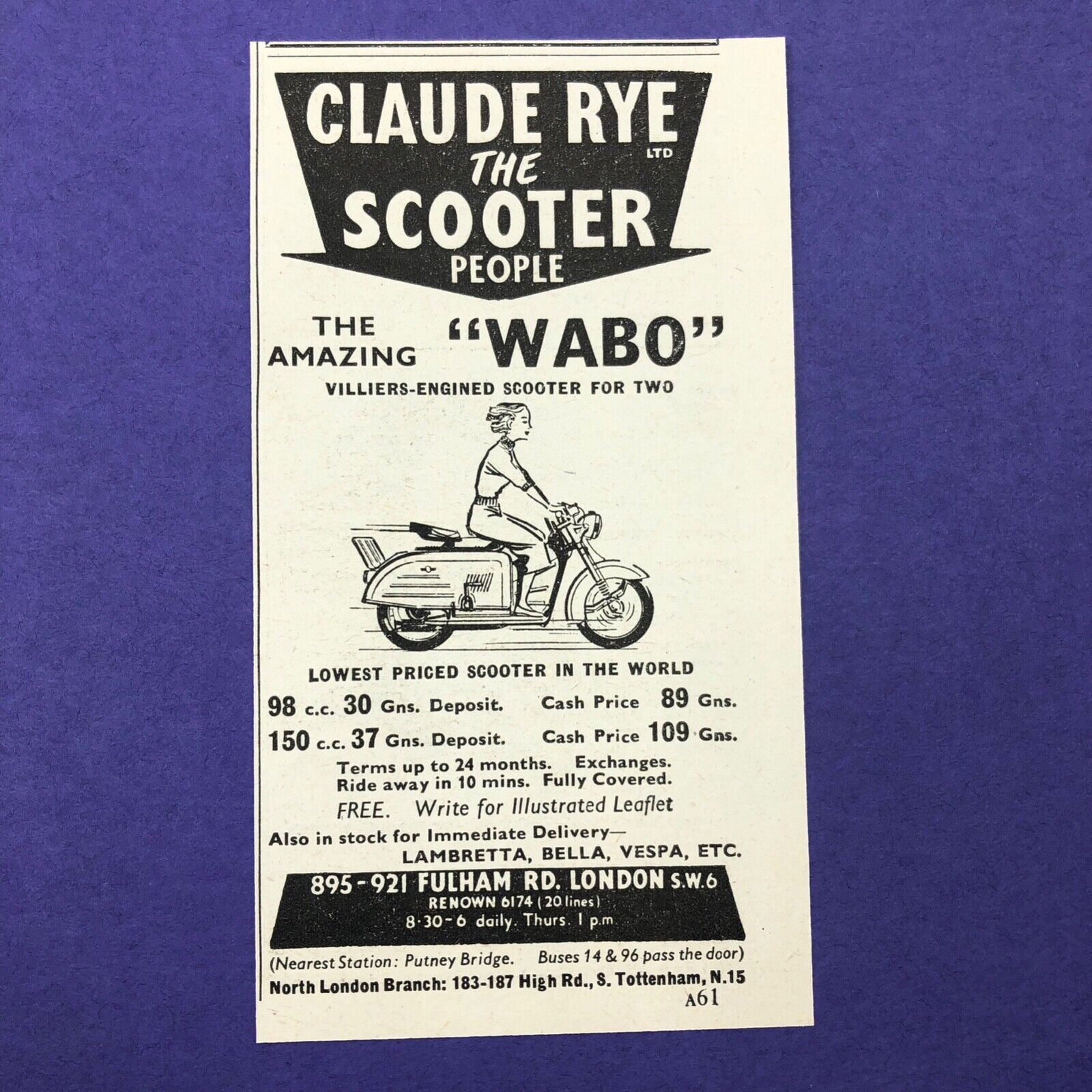 Wabo Scooter Claude Rye 1957 Print Small Ad Cutting