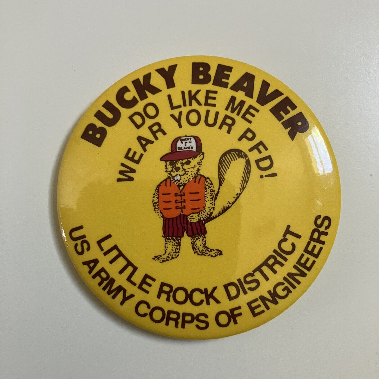 Vintage Pin Back Button Little Rock District Bucky Beaver Wear Your PFD