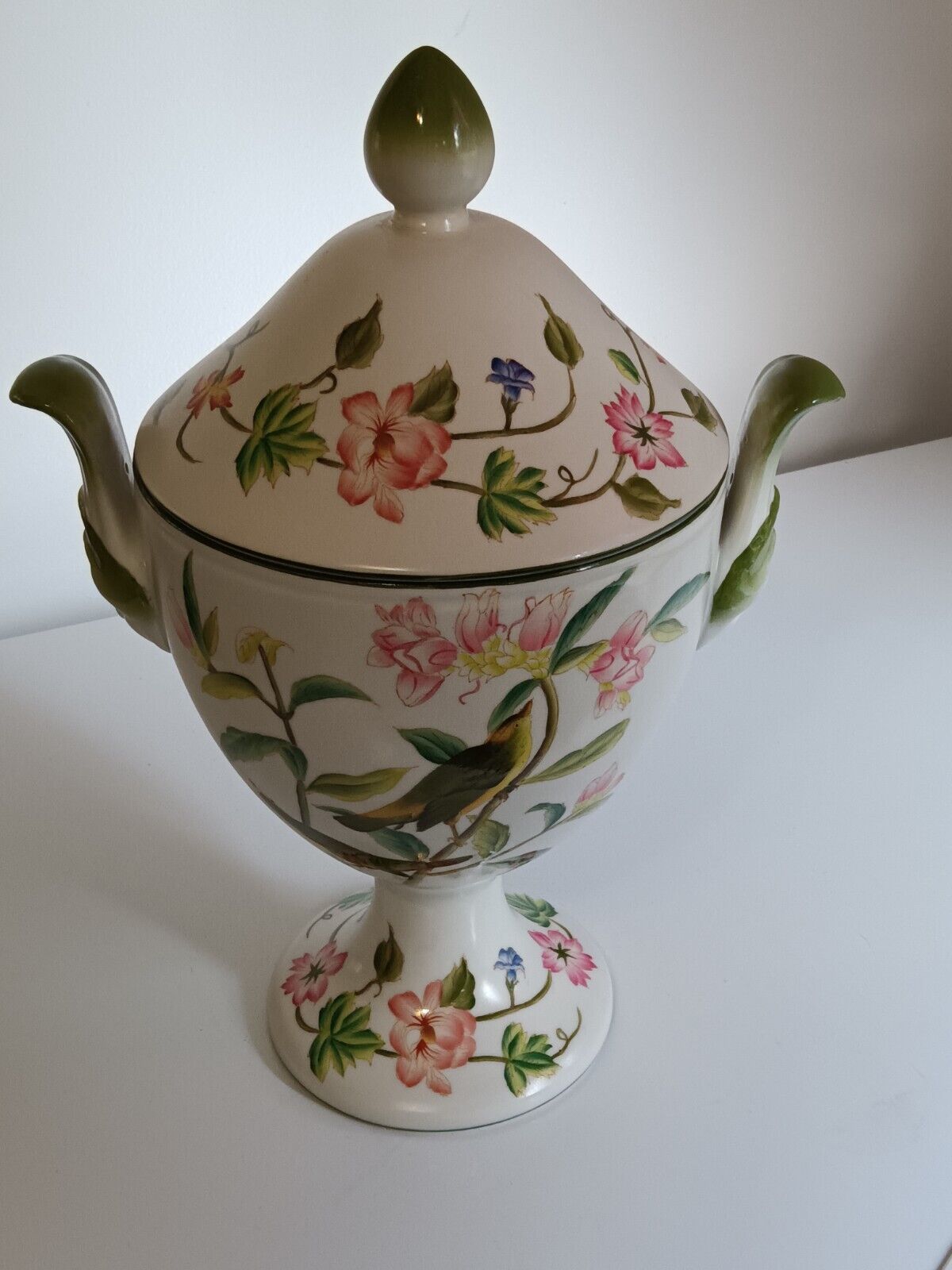 Vintage French Porcelain Soup tureen/lid, hand painted birds, flowers, face mask