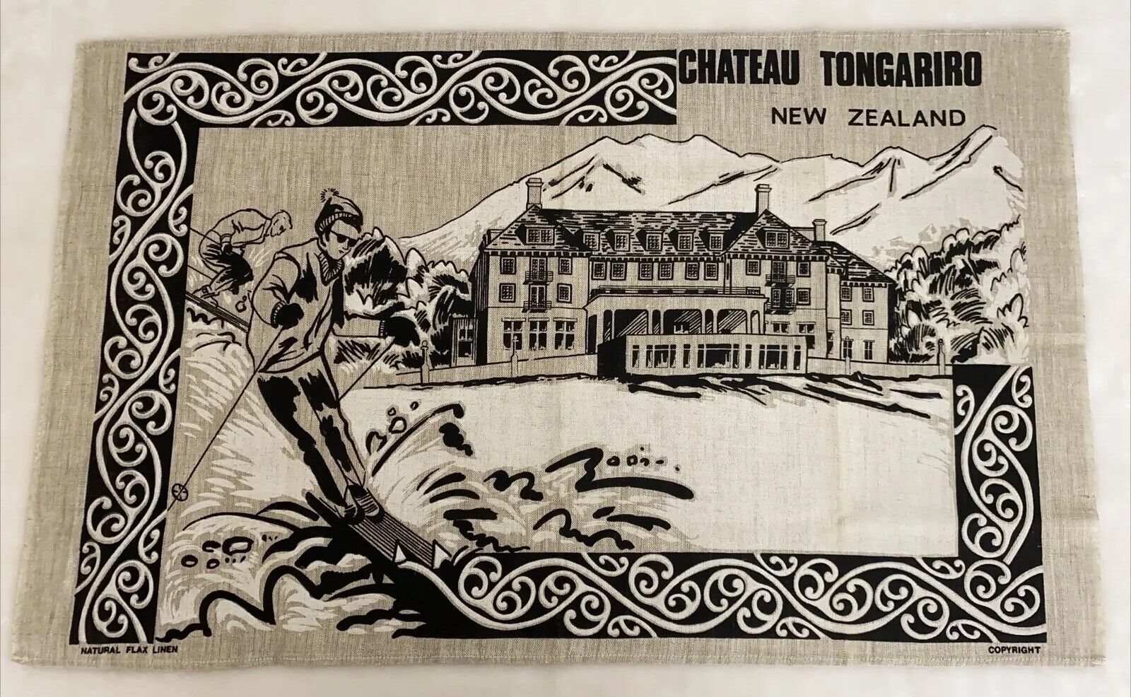 Vintage Pure Natural Linen Tea Towel Chateau Tongariro New Zealand Souvenir