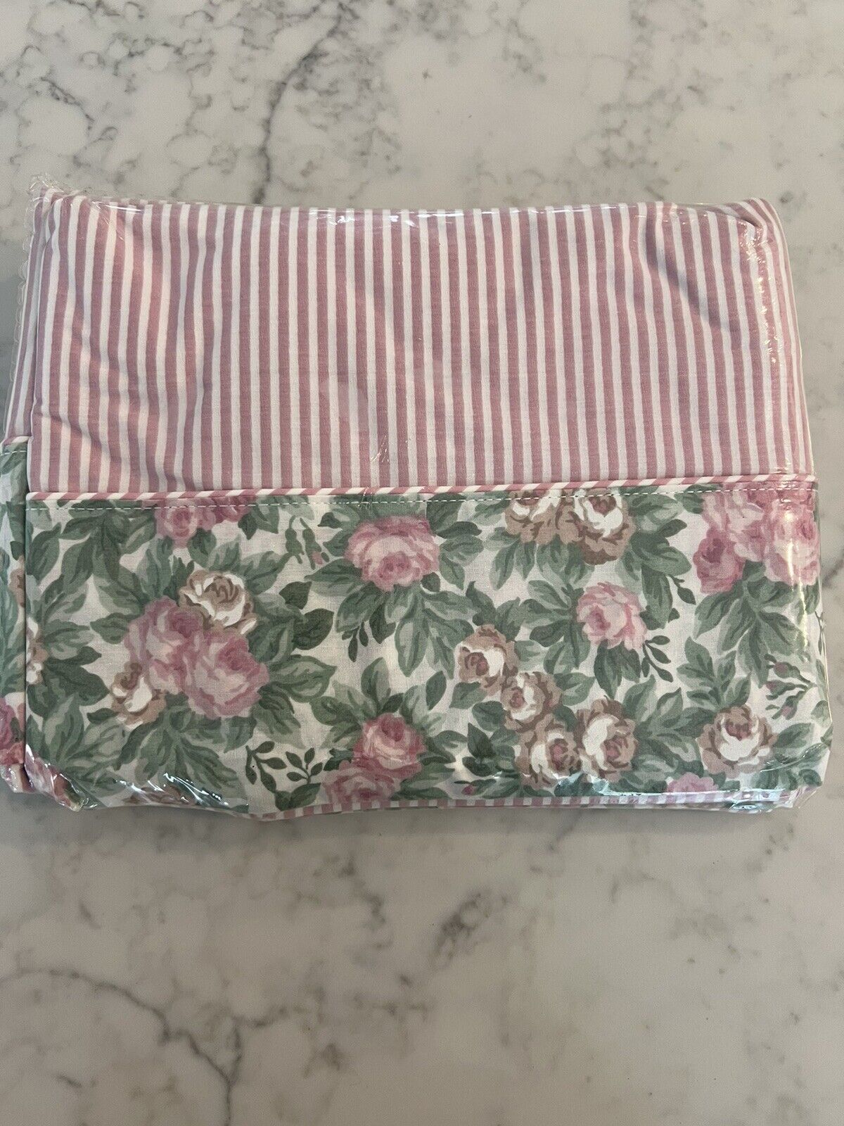 New Vintage Full Size Pink Floral & Striped Flat Sheet irregular