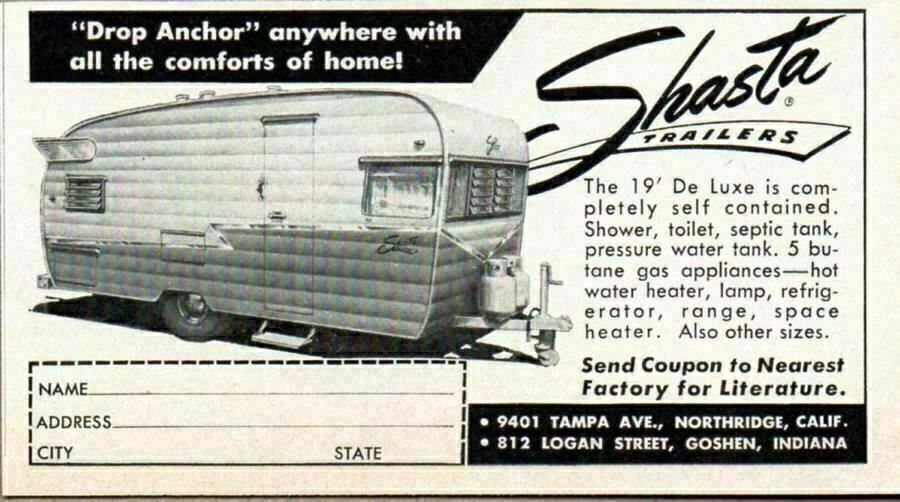 1961 Print Ad Shasta Travel Trailers Drop Anchor Northridge,CA, Goshen,IN