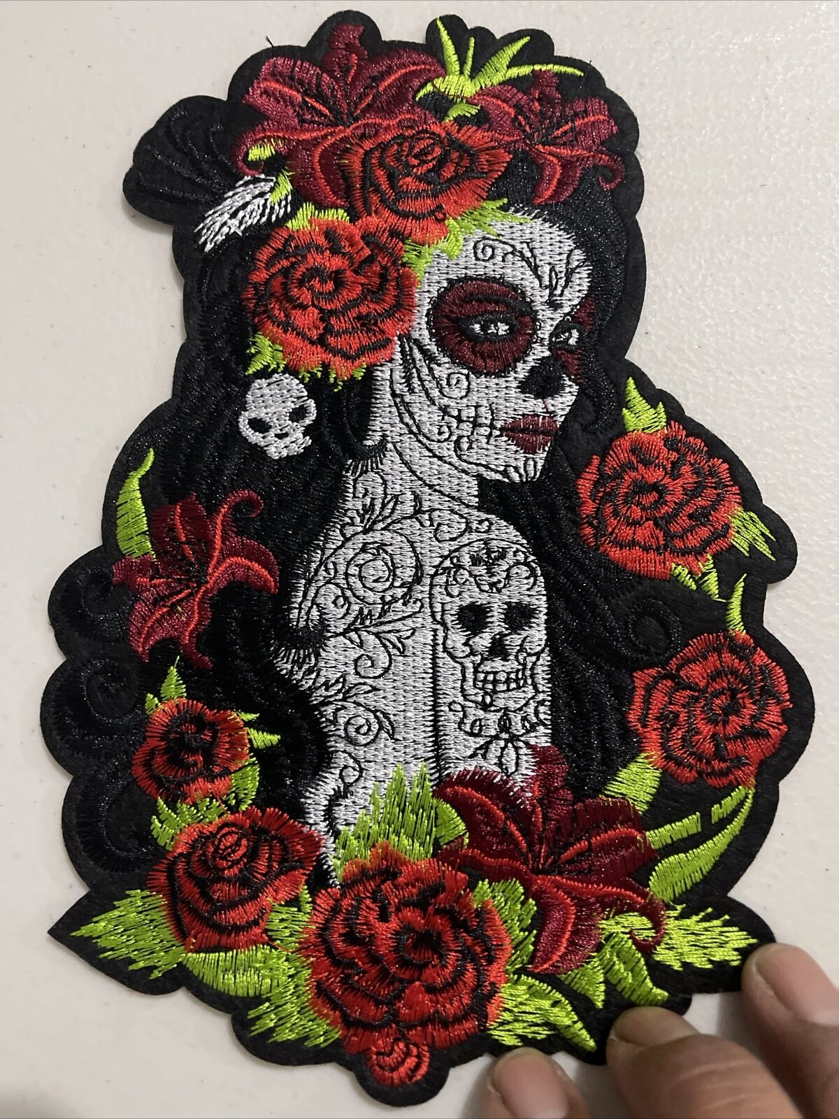 Mexican Tattoo Girl & Roses Large Back Patch: Iron On, Embroidered, 8 1/2” X 6”