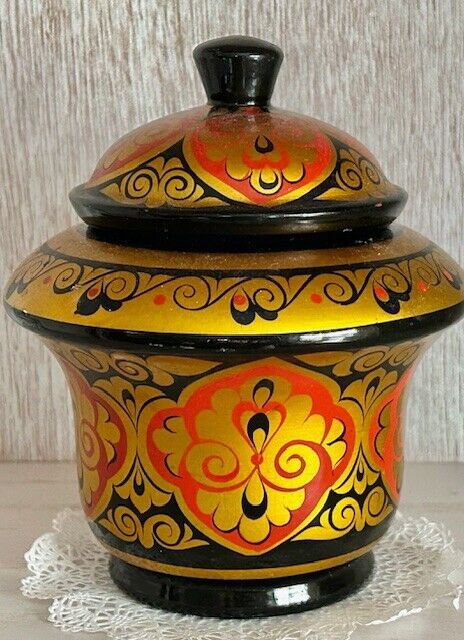 Lovely Vintage Russian Wooden Lacquer Painted Lidded Pot Jar Vase 6\