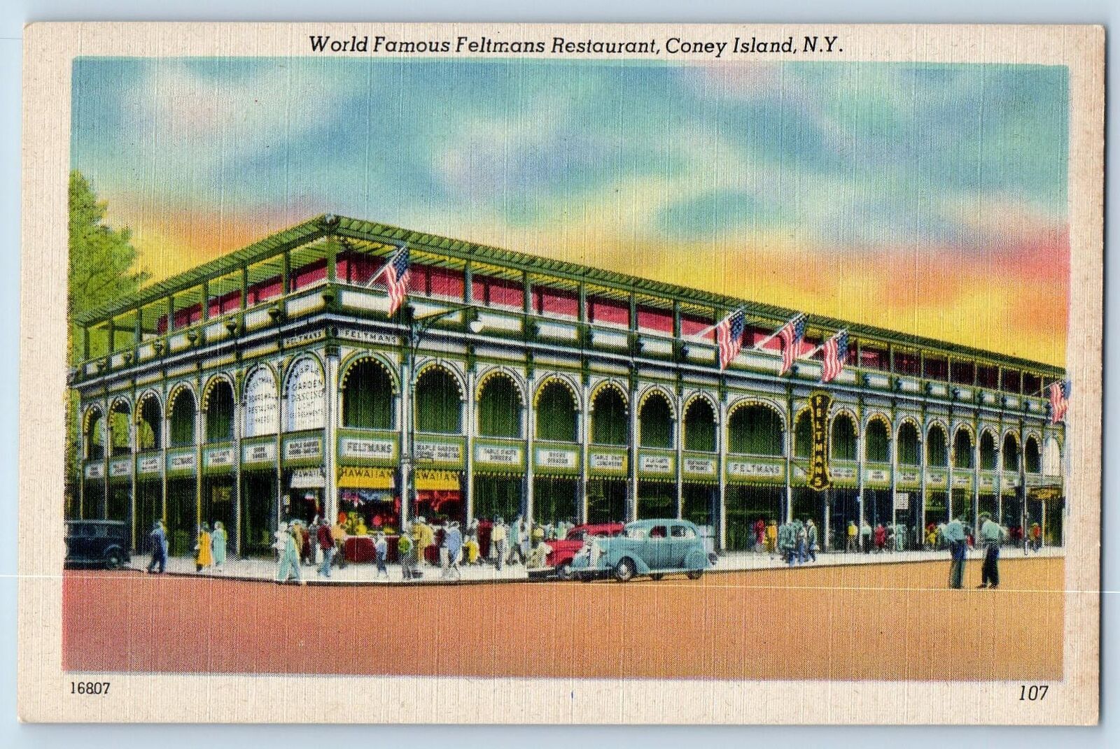 Coney Island New York NY Postcard World Famous Feltmans Restaurant c1940's Cars