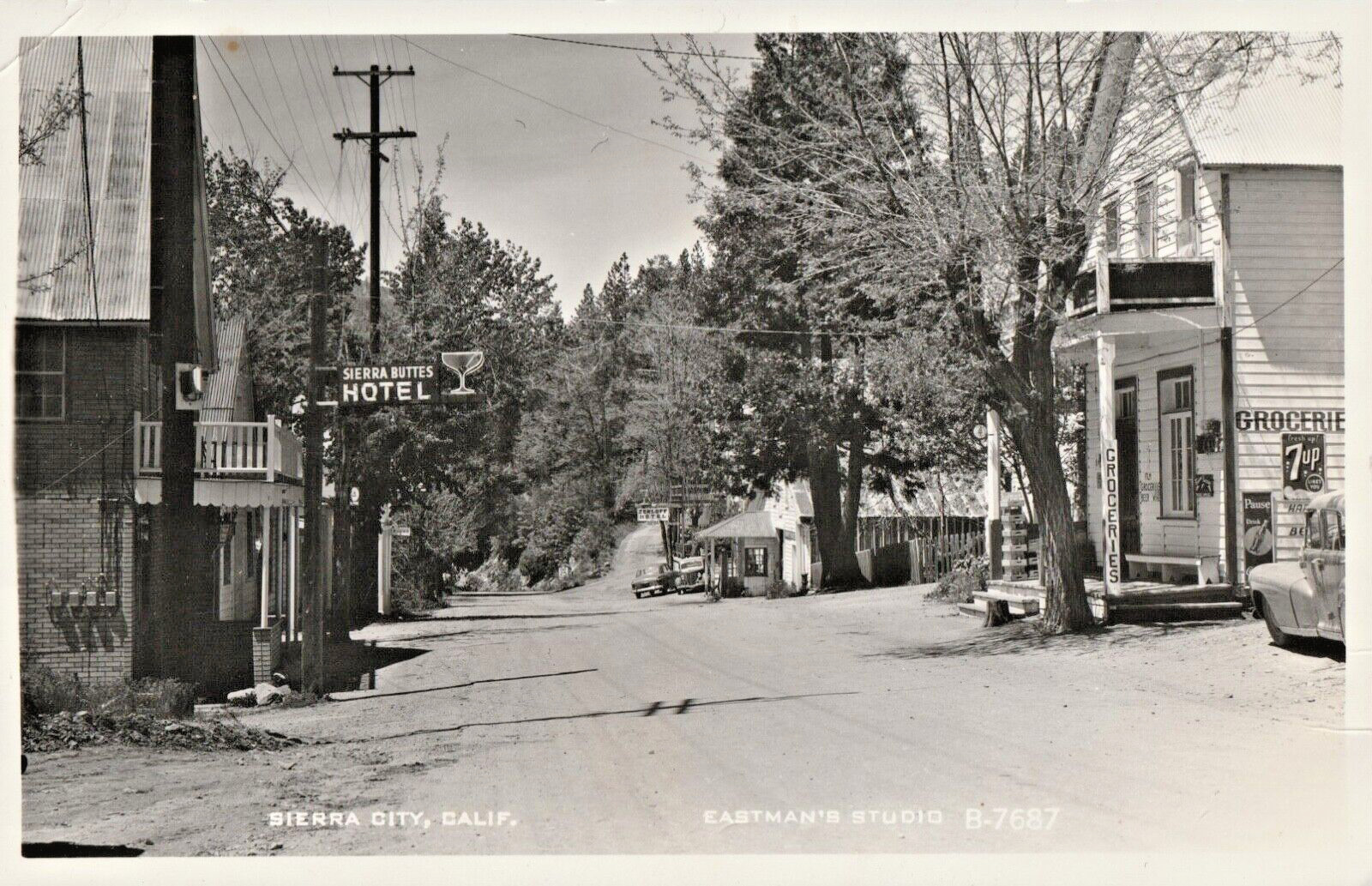 Vintage 1940s Sierra City CA RPPC Postcard, Buttes & Zerloff Hotels, 7-up, Coke