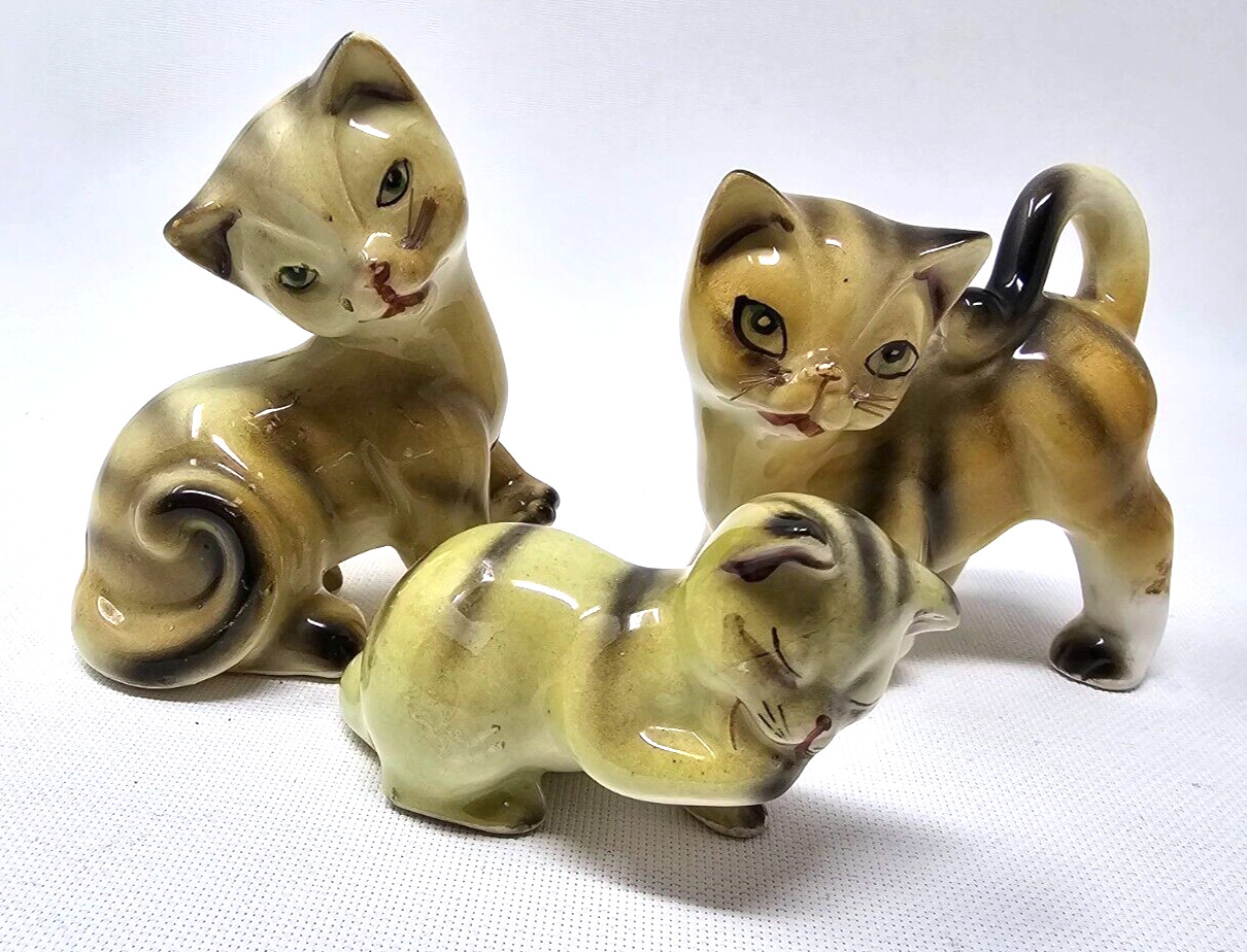 Vintage Small Porcelain Striped Cat Figurine Family of 3 - Made in Japan - READ