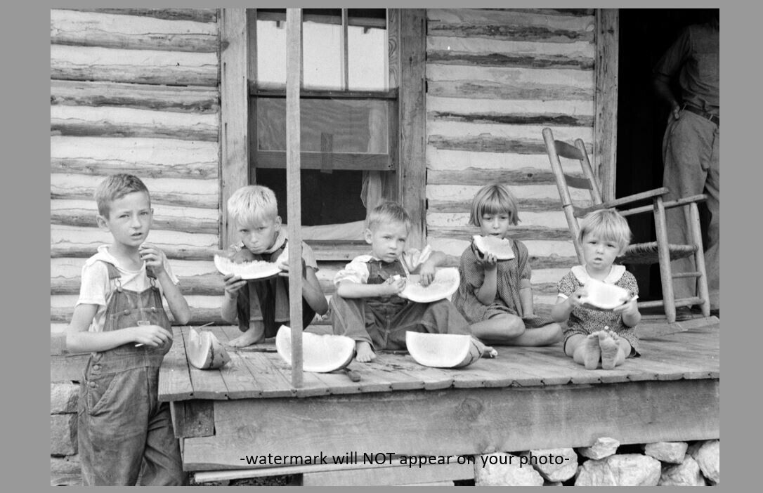 1939 Great Depression Kids Eat Watermelon PHOTO Front Porch Children NC