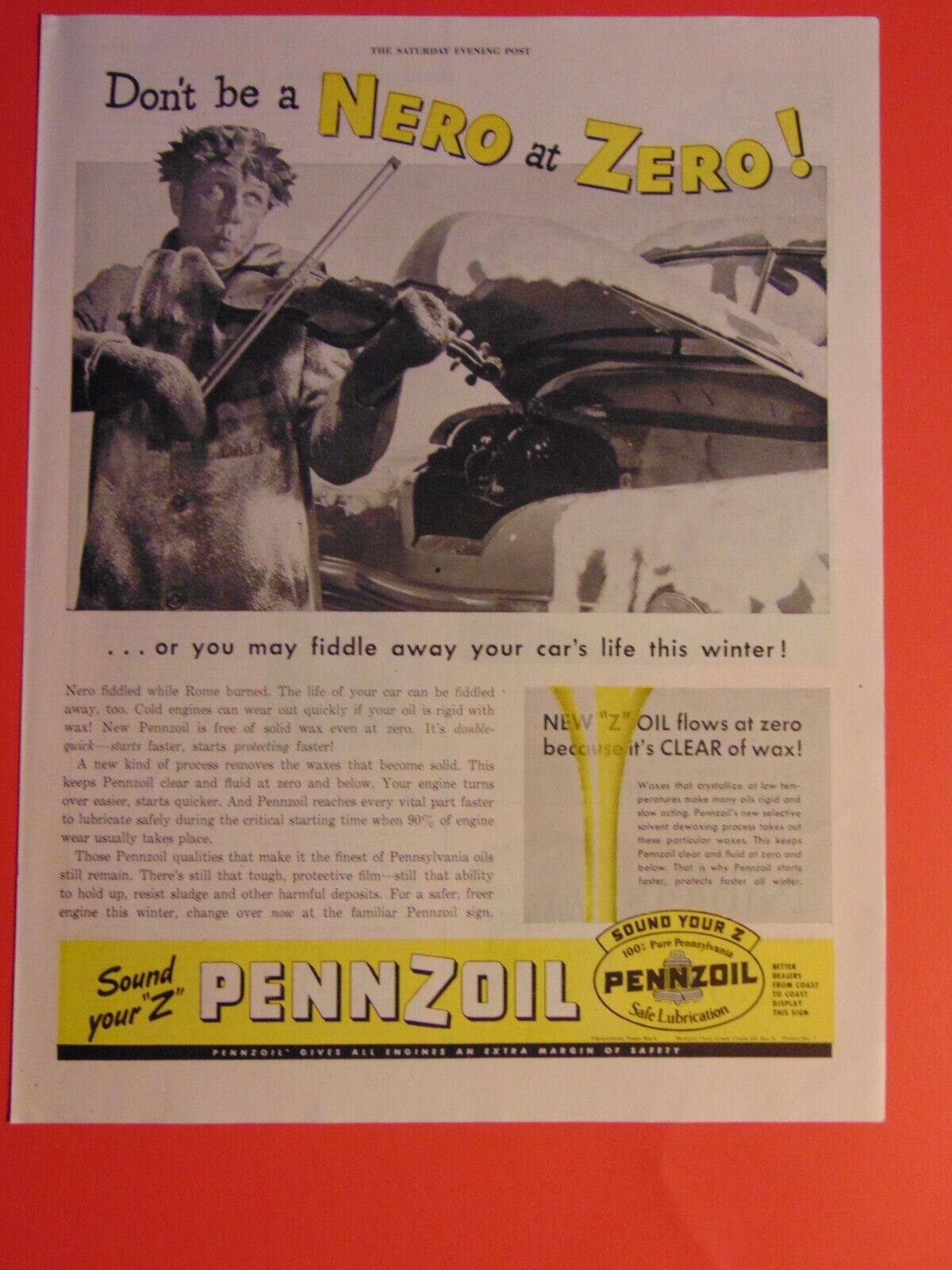 1946 PENNZOIL Don\'t Be A NERO at ZERO Don\'t Fiddle with Oil photo art print ad