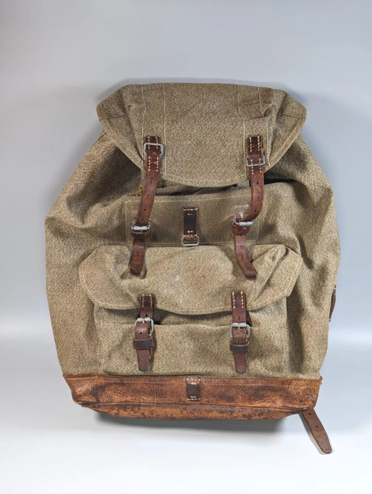 Vintage Swiss Army Military Backpack Rucksack Salt and Pepper Canvas & Leather