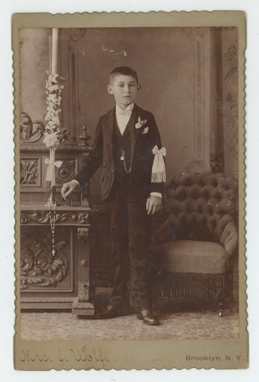 Antique Circa 1880s Cabinet Card Young Boy's First Confirmation Brooklyn, NY