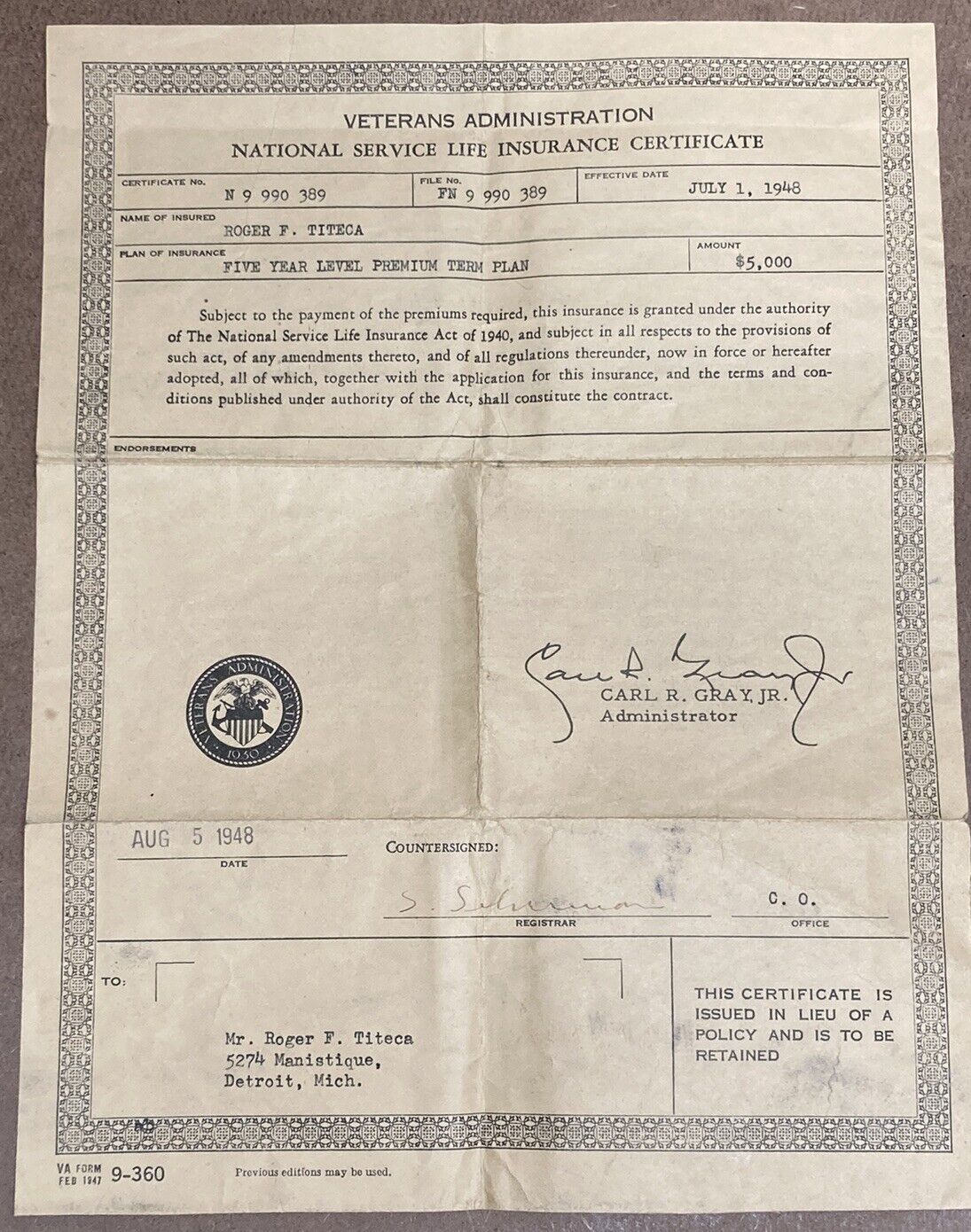 Vintage 1948 Veterans Administration Life Insurance Certificate U.S. Original