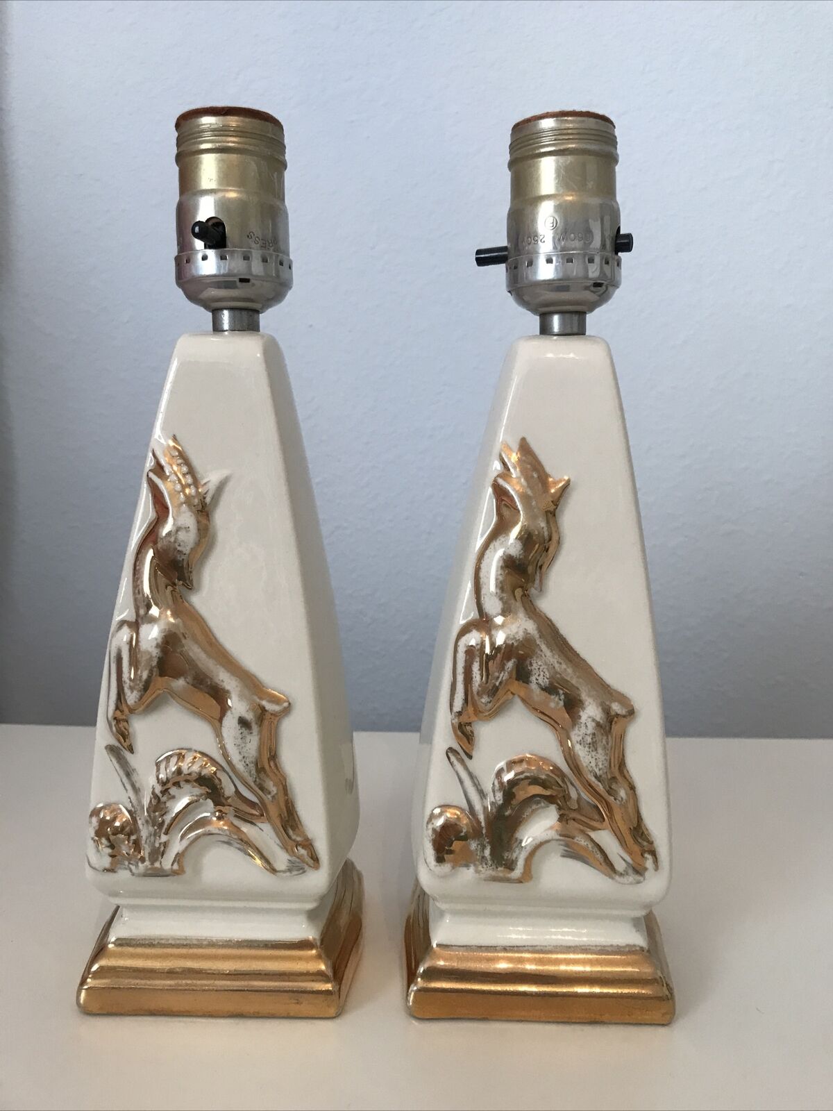 Vintage antelope gazelle deer 22k gold Ceramic Table Lamp Set of 2