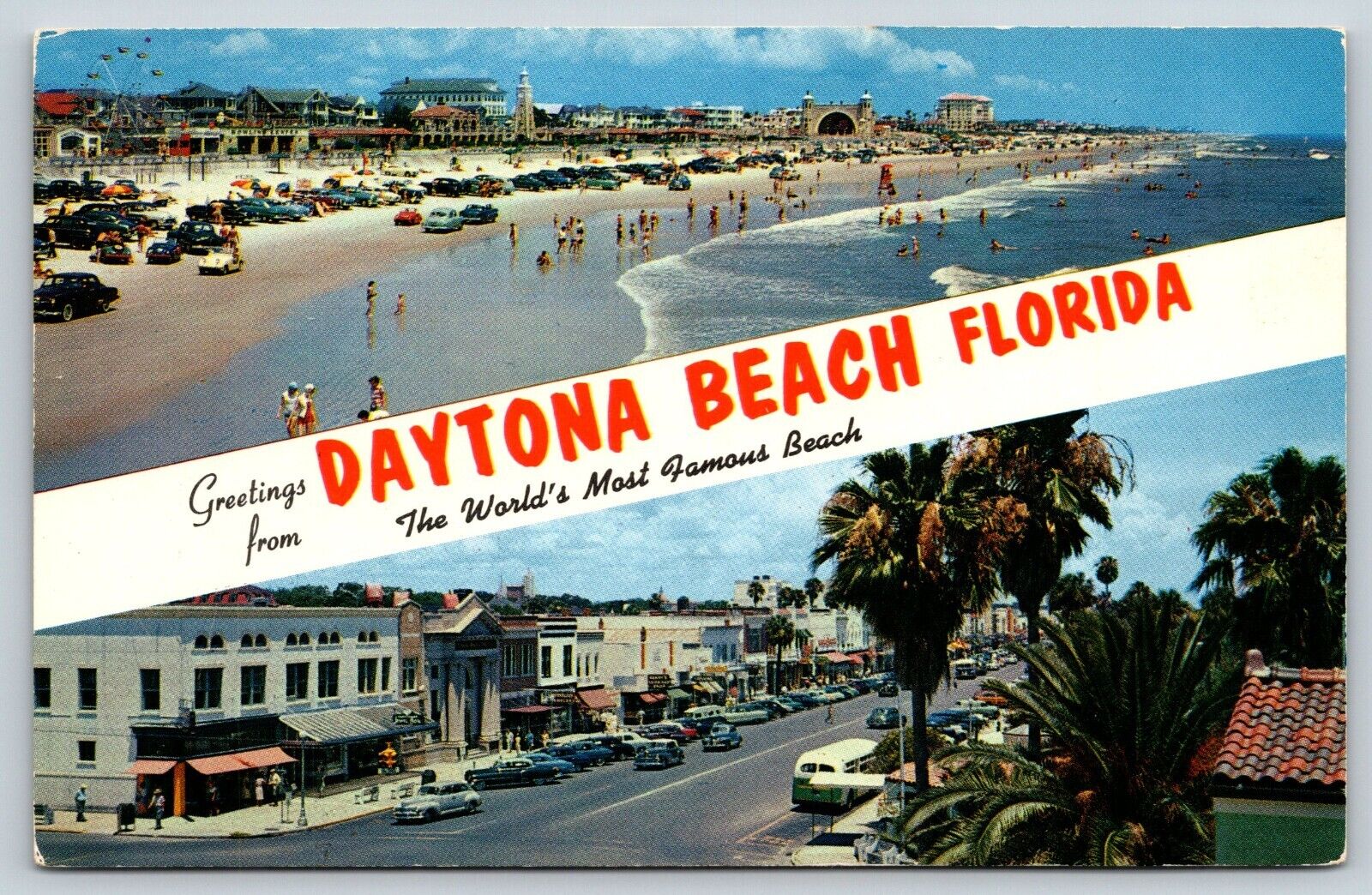 Greetings form Daytona Beach Florida Postcard Beach and City Chrome #2079