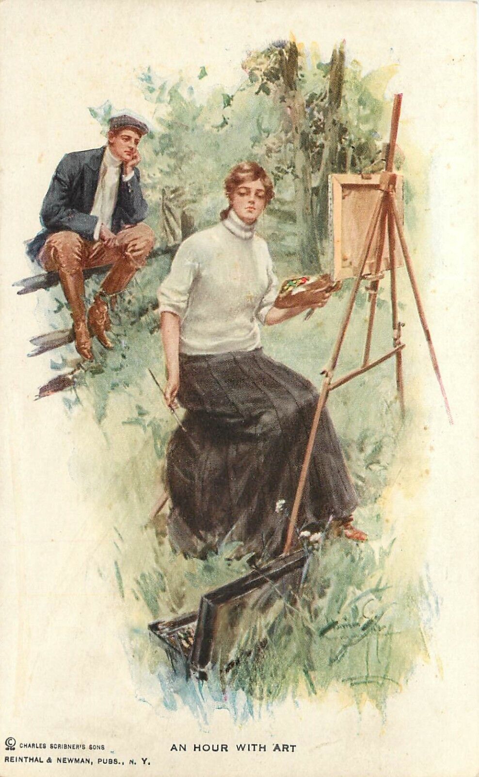 Vintage Postcard; Harrison Fisher, An Hour with Art, Guy watches Girl Painting