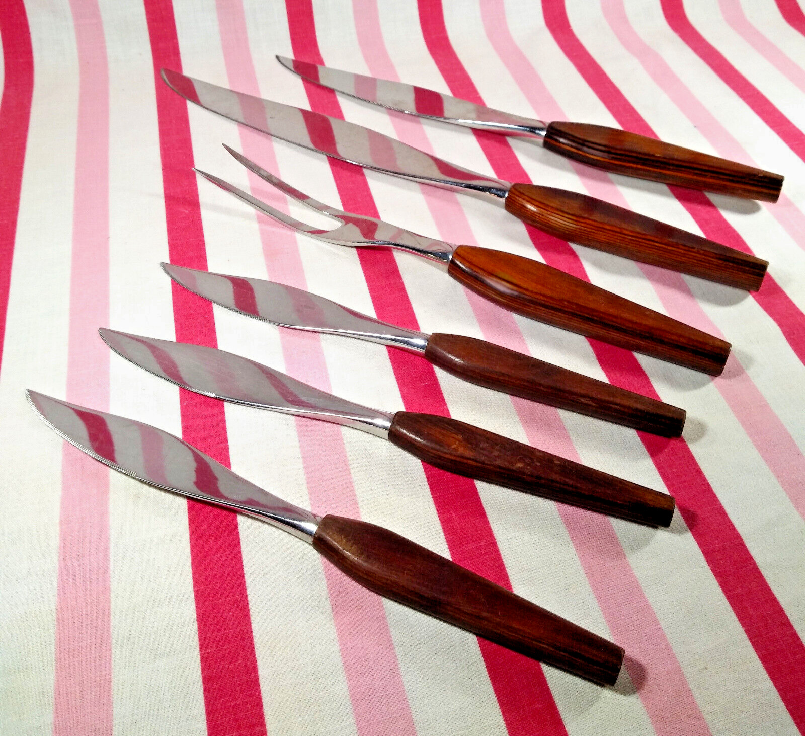 WoW Mid Century Fleetwood Designer Wood Handle 3pc Carving Set + 3 Steak Knives
