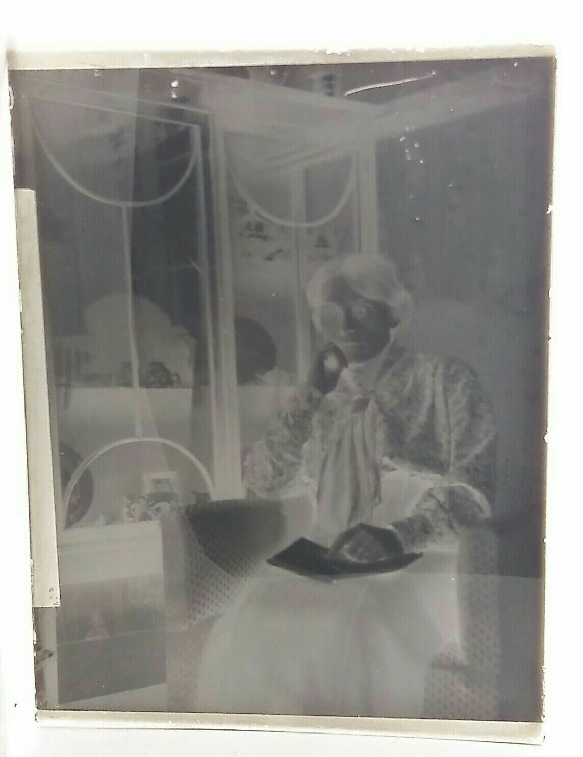 Antique Negative Glass Plate Photo Elderly Lady Reading A Book c1900 -1920 