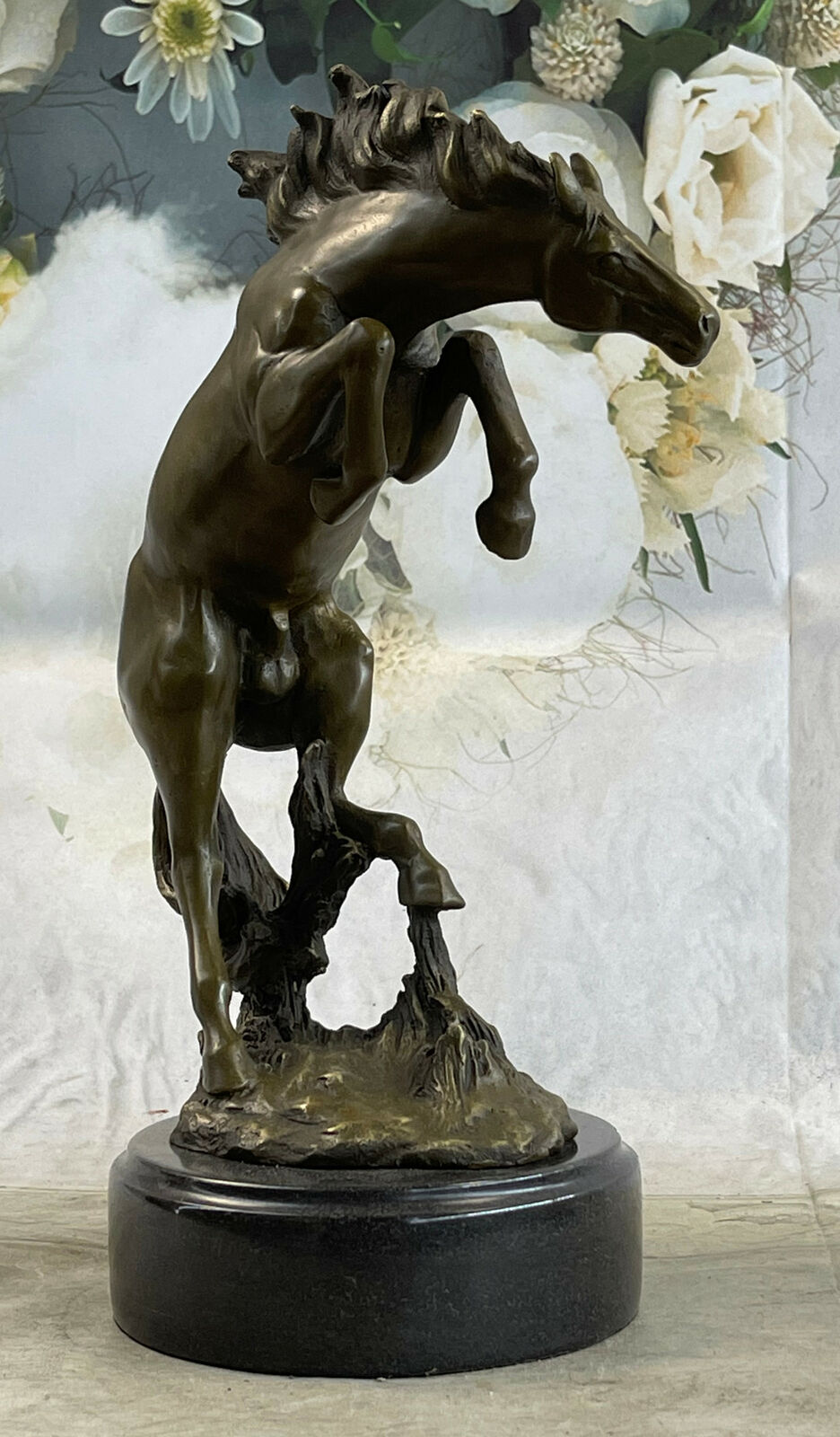 Excited Rearing Horse Bronze Marble Sculpture Racing Marble Figure Lost Wax
