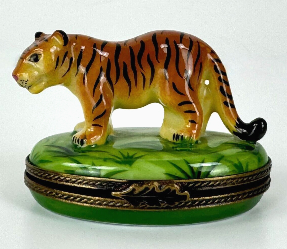 Limoges France Stamped New Bengal Tiger Trinket Box Green Brown Auth 