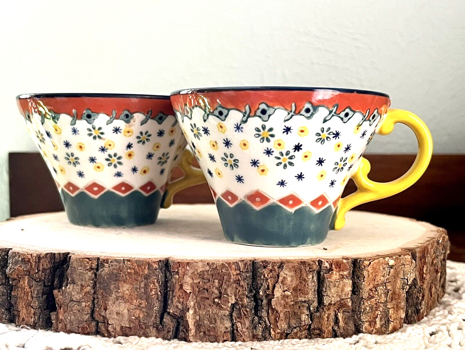 ANTHROPOLOGIE by Biscuit Floral Cups Boho Chic Espresso Set/2 Rust Yellow Green