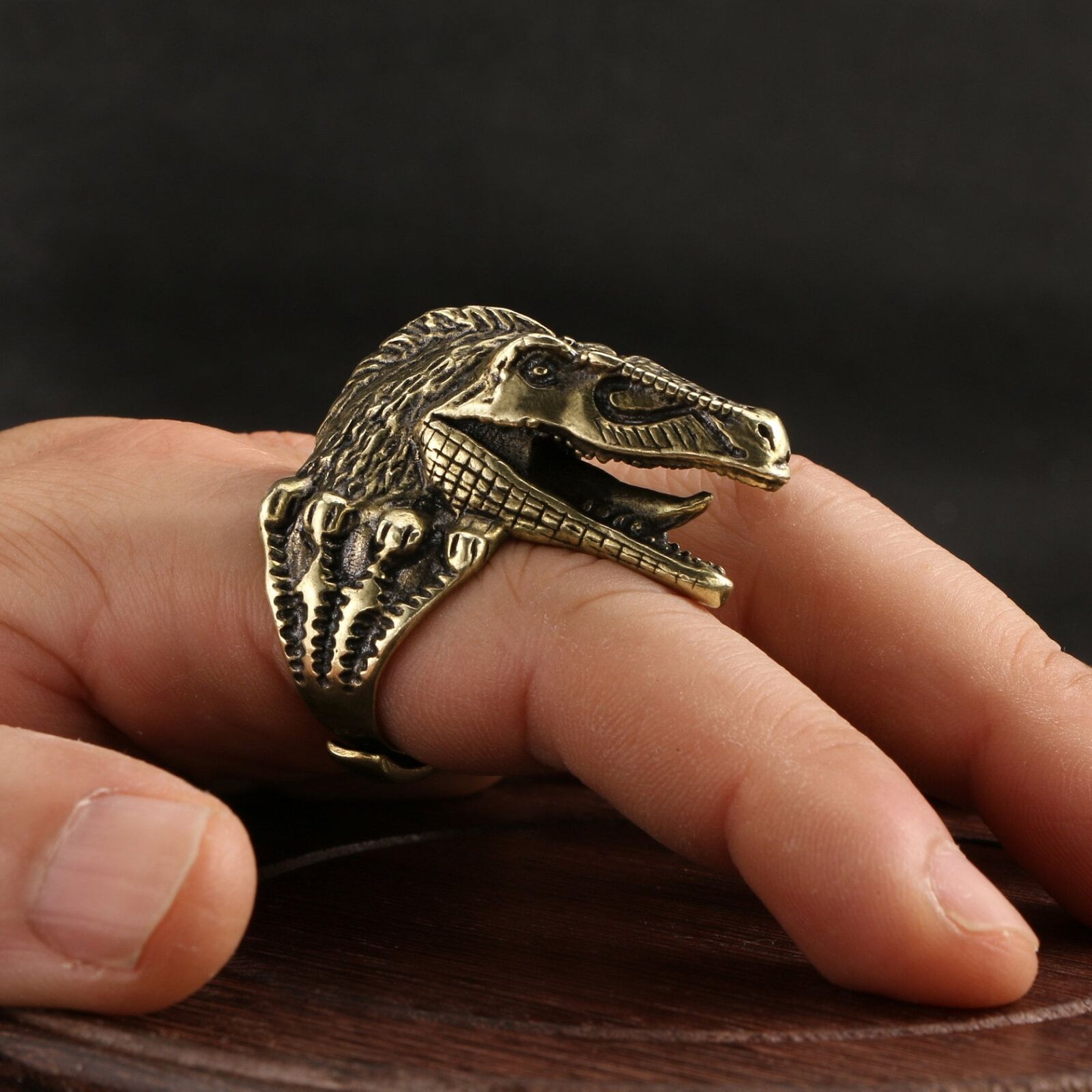 Vintage Style Solid Brass Casting Big Komodo Lizard Head Men Finger Ring