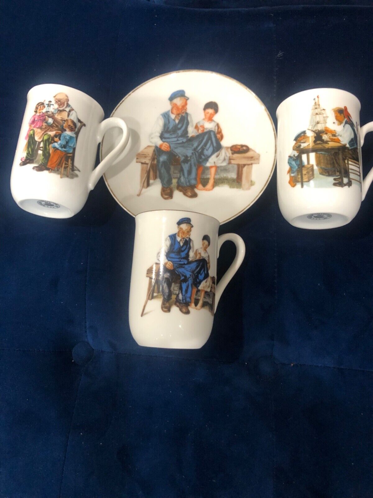 1986 Norman Rockwell Museum Cups Set of 3 w/ one saucer White W/ Gold Trim 
