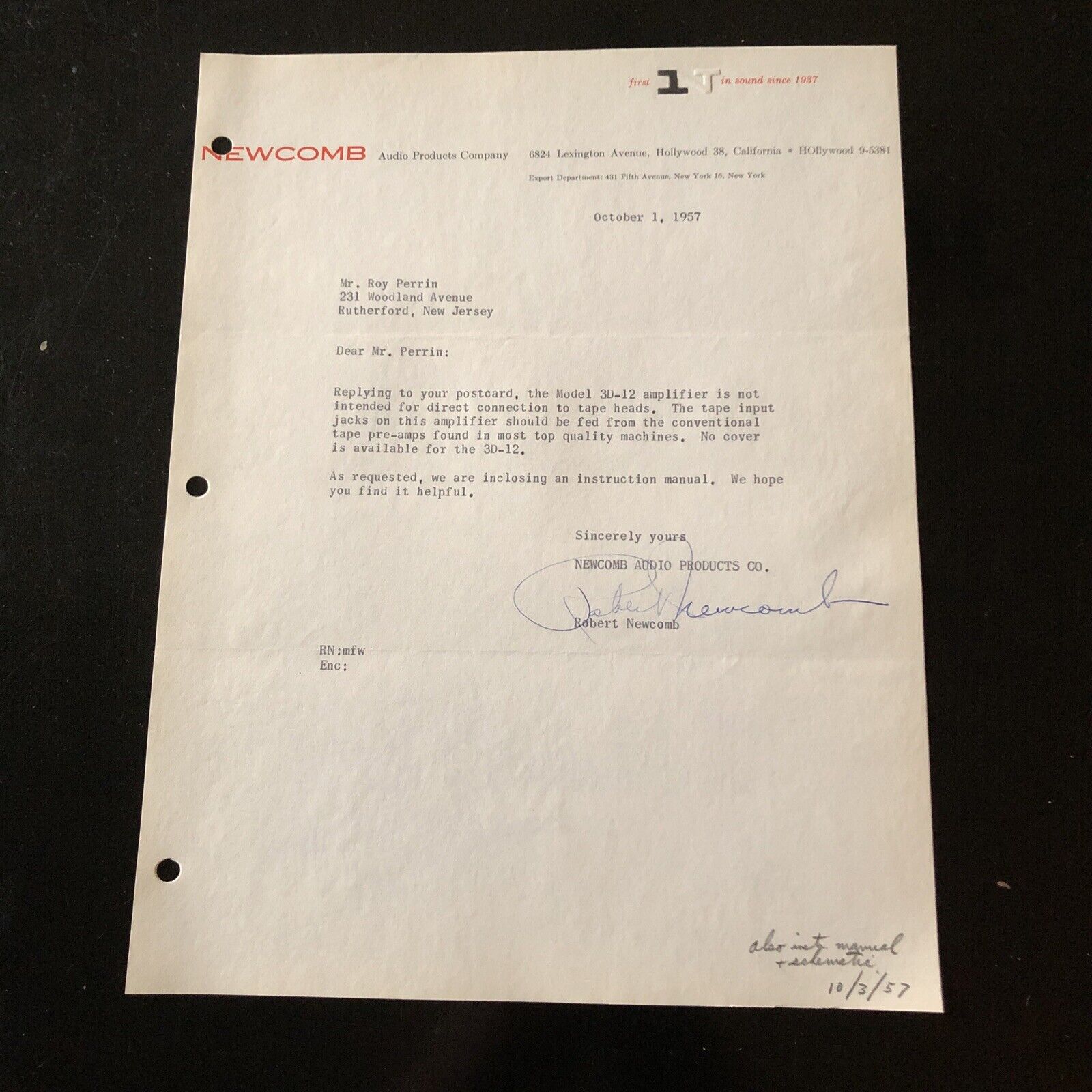1957 NEWCOMB AUDIO Letterhead Stationery SIGNED ROBERT NEWCOMB 3D-12 Amp Mention